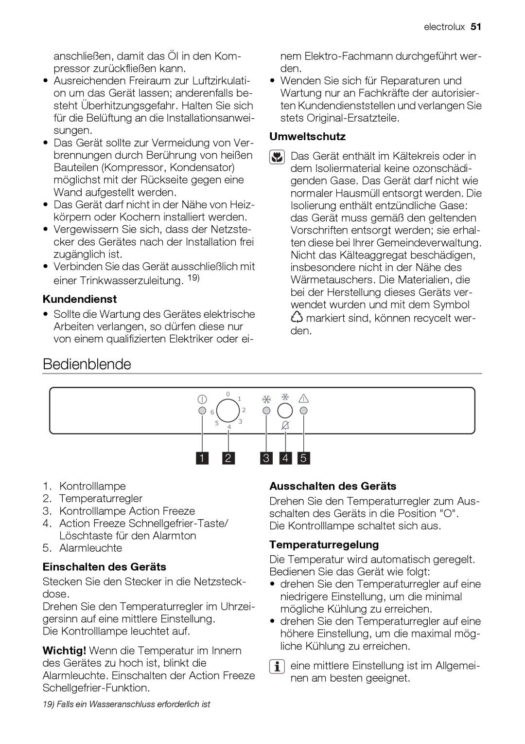 Electrolux EUN12510 user manual Bedienblende 