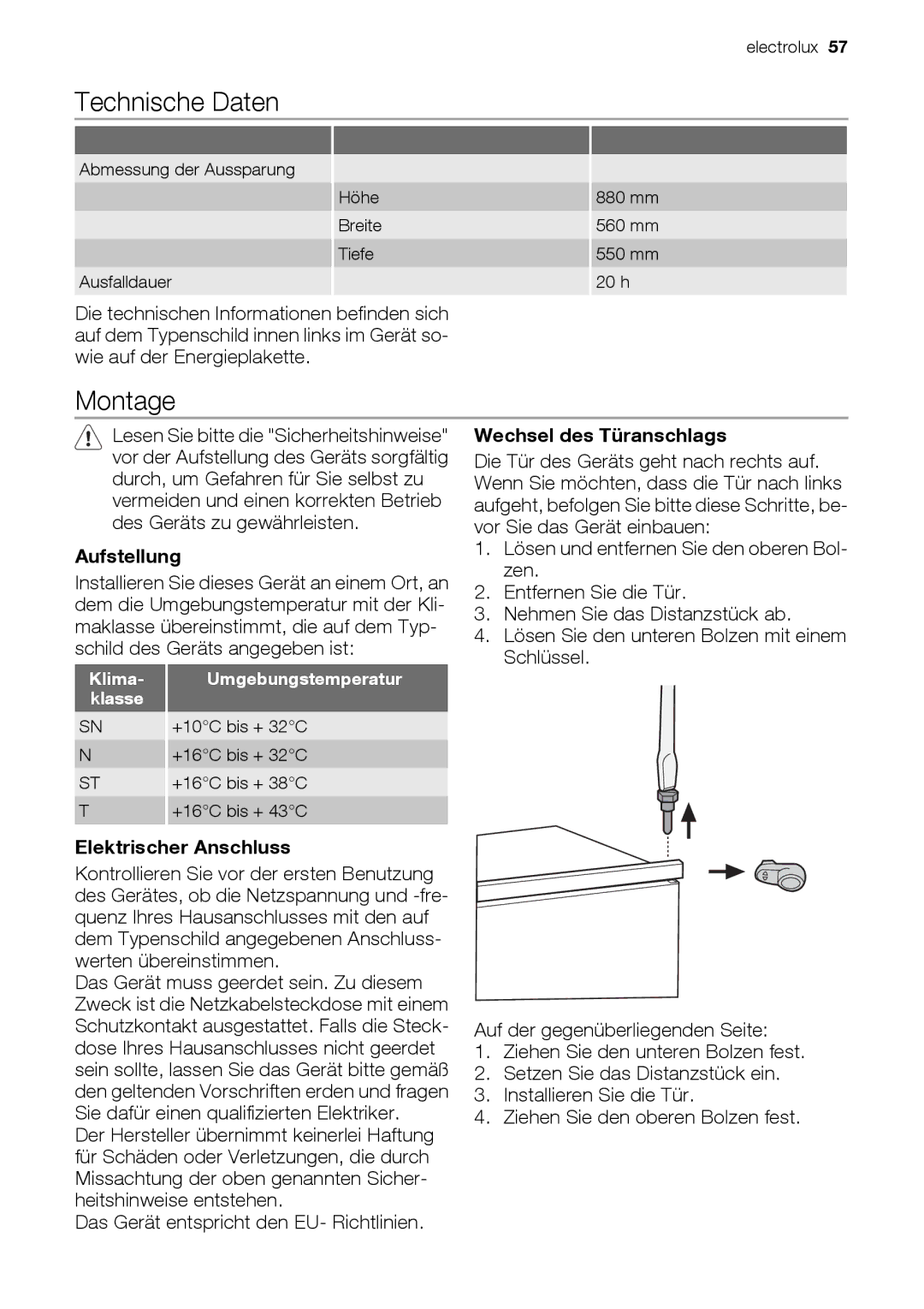 Electrolux EUN12510 user manual Technische Daten, Aufstellung, Wechsel des Türanschlags, Elektrischer Anschluss 