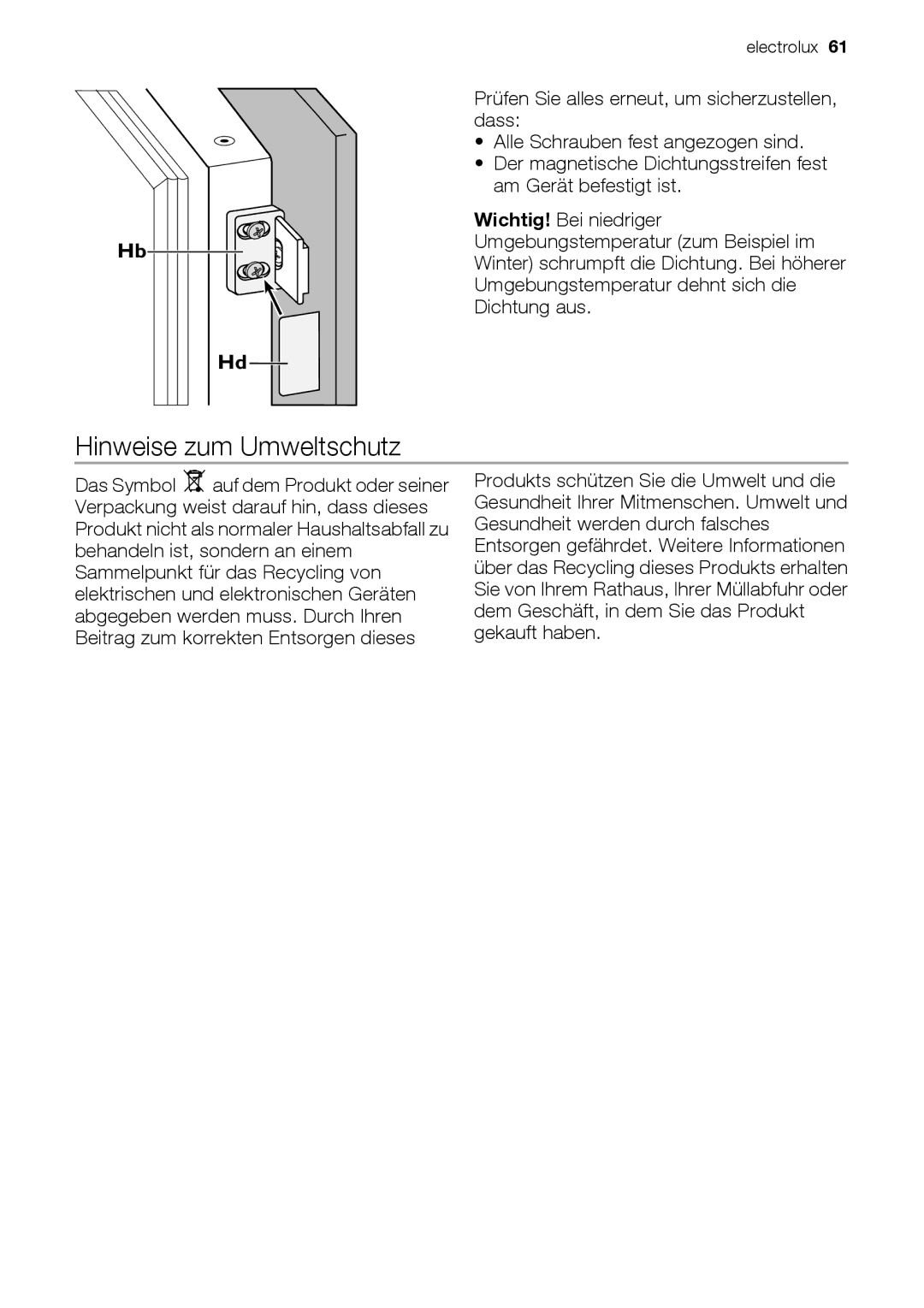 Electrolux EUN12510 user manual Hinweise zum Umweltschutz 