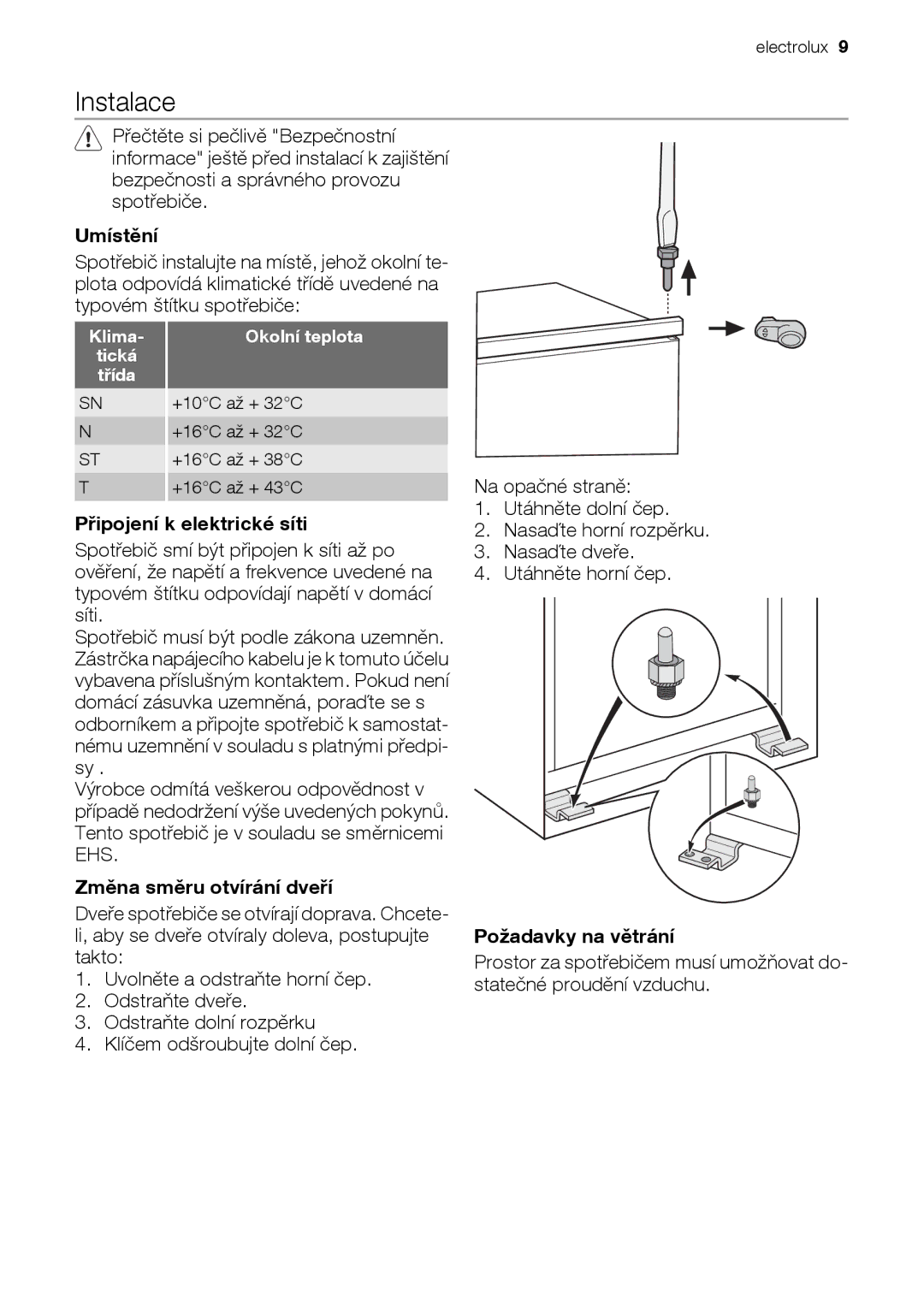 Electrolux EUN12510 Instalace, Umístění, Připojení k elektrické síti, Změna směru otvírání dveří, Požadavky na větrání 