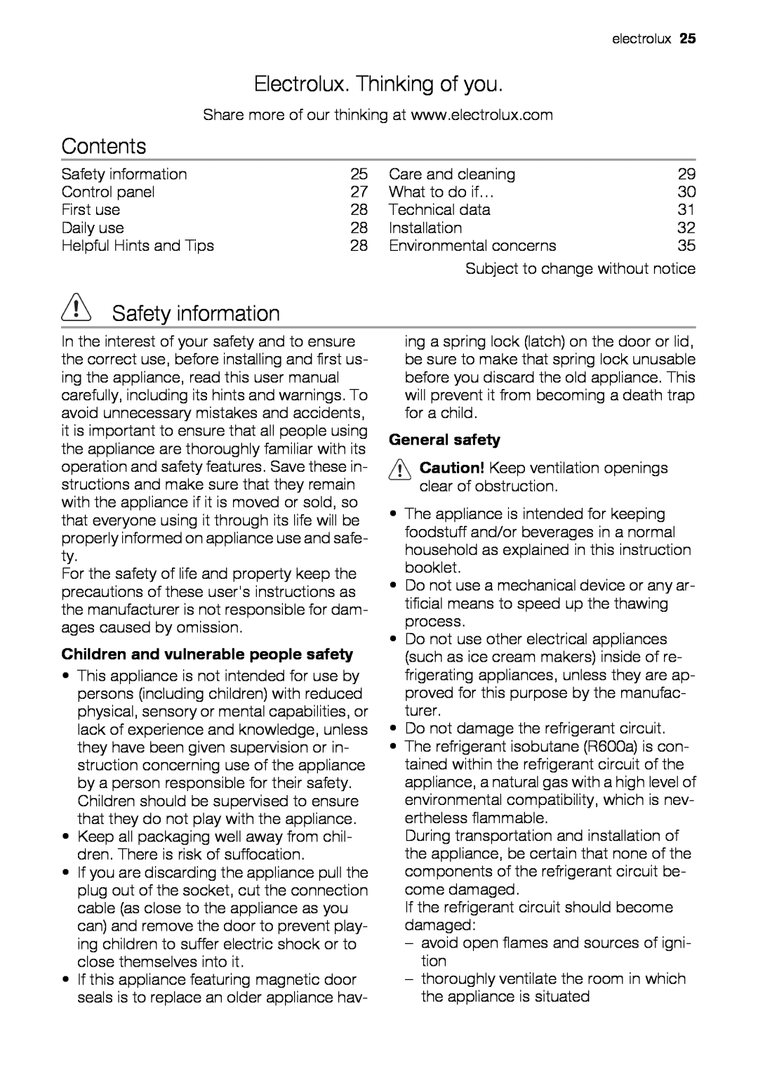Electrolux EUN12510 user manual Contents, Safety information, Children and vulnerable people safety, General safety 