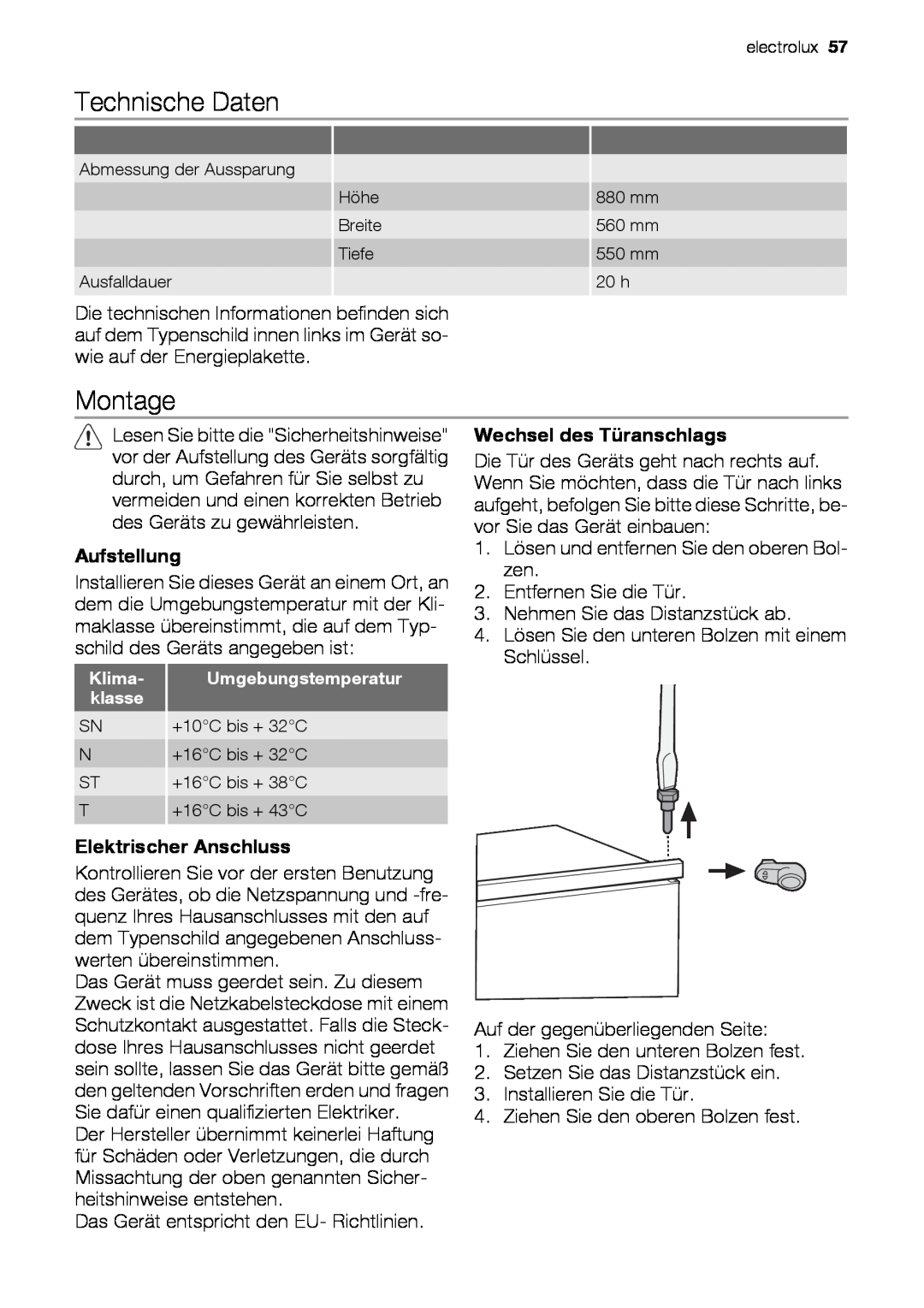 Electrolux EUN12510 user manual Technische Daten, Aufstellung, Wechsel des Türanschlags, Elektrischer Anschluss, Montage 