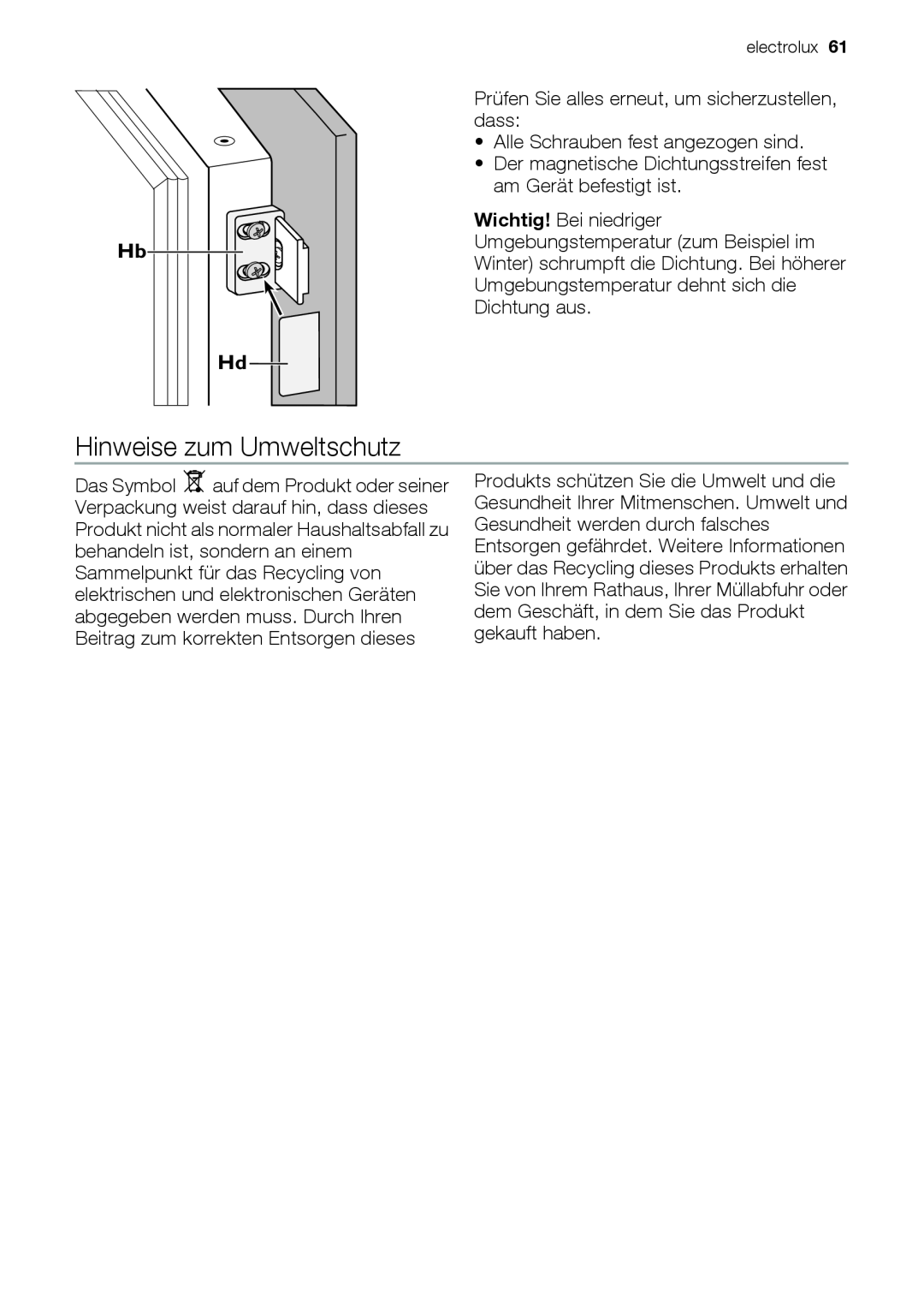 Electrolux EUN12510 user manual Hinweise zum Umweltschutz, Hb Hd 