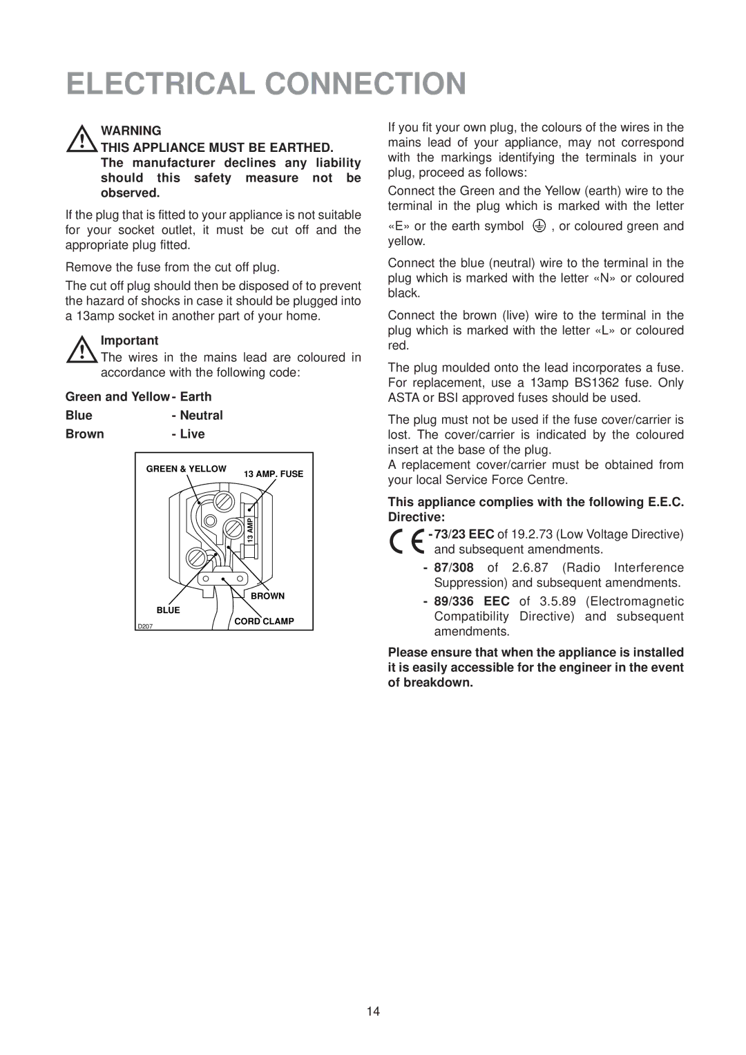 Electrolux EUU 1172, EUU 6174 manual Electrical Connection, Green and Yellow Earth Blue- Neutral Brown- Live, 87/308, 89/336 