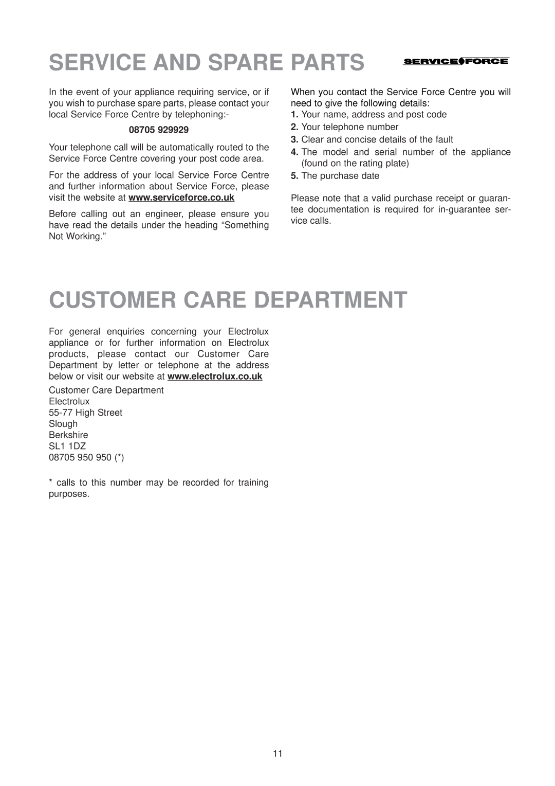 Electrolux EUU 6174, EUU 1172 manual Service And Spare Parts, Customer Care Department 
