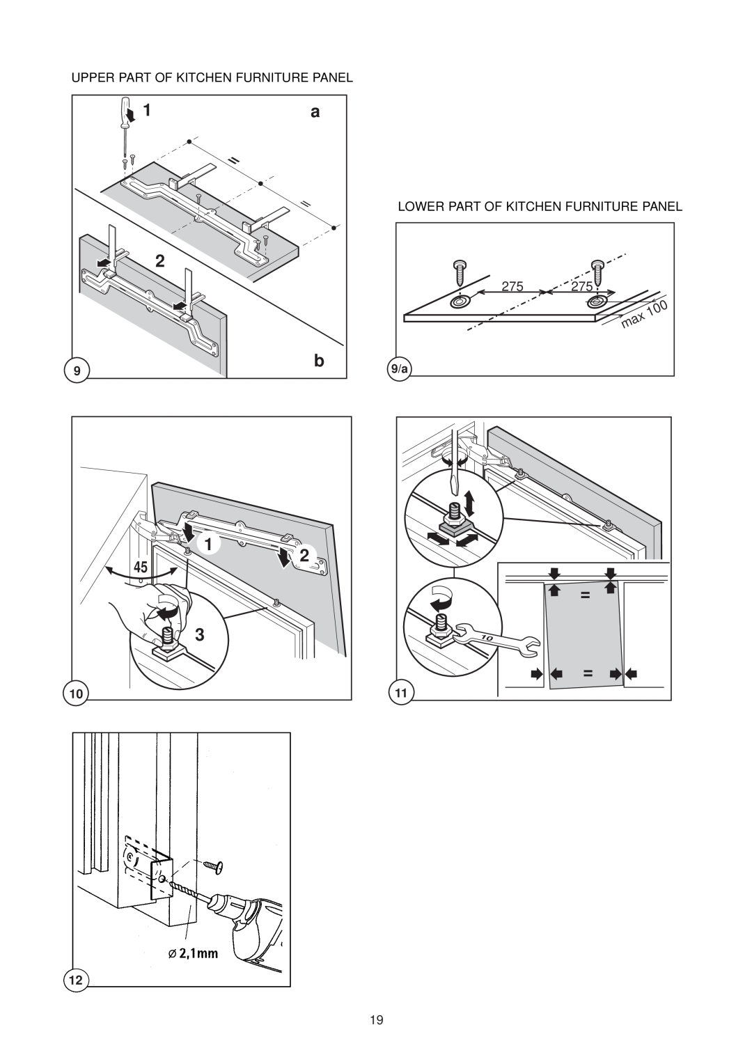 Electrolux EUU 6174, EUU 1172 manual Upper Part Of Kitchen Furniture Panel, Lower Part Of Kitchen Furniture Panel 