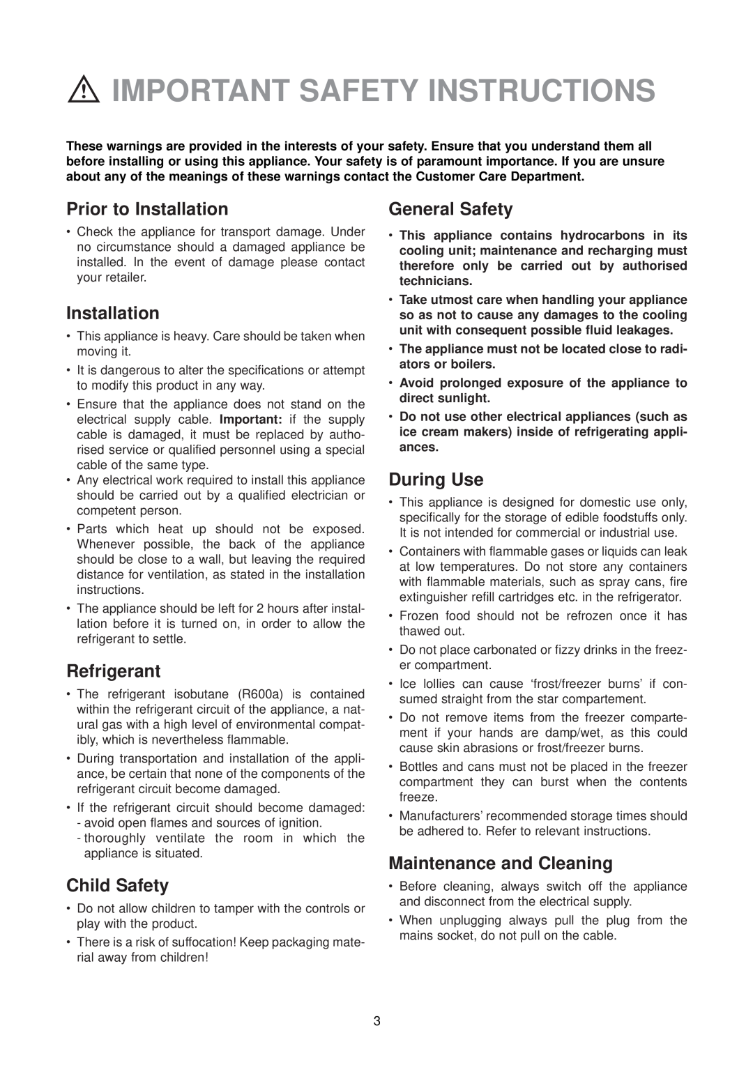 Electrolux EUU 6174 manual Important Safety Instructions, Prior to Installation, Refrigerant, Child Safety, General Safety 