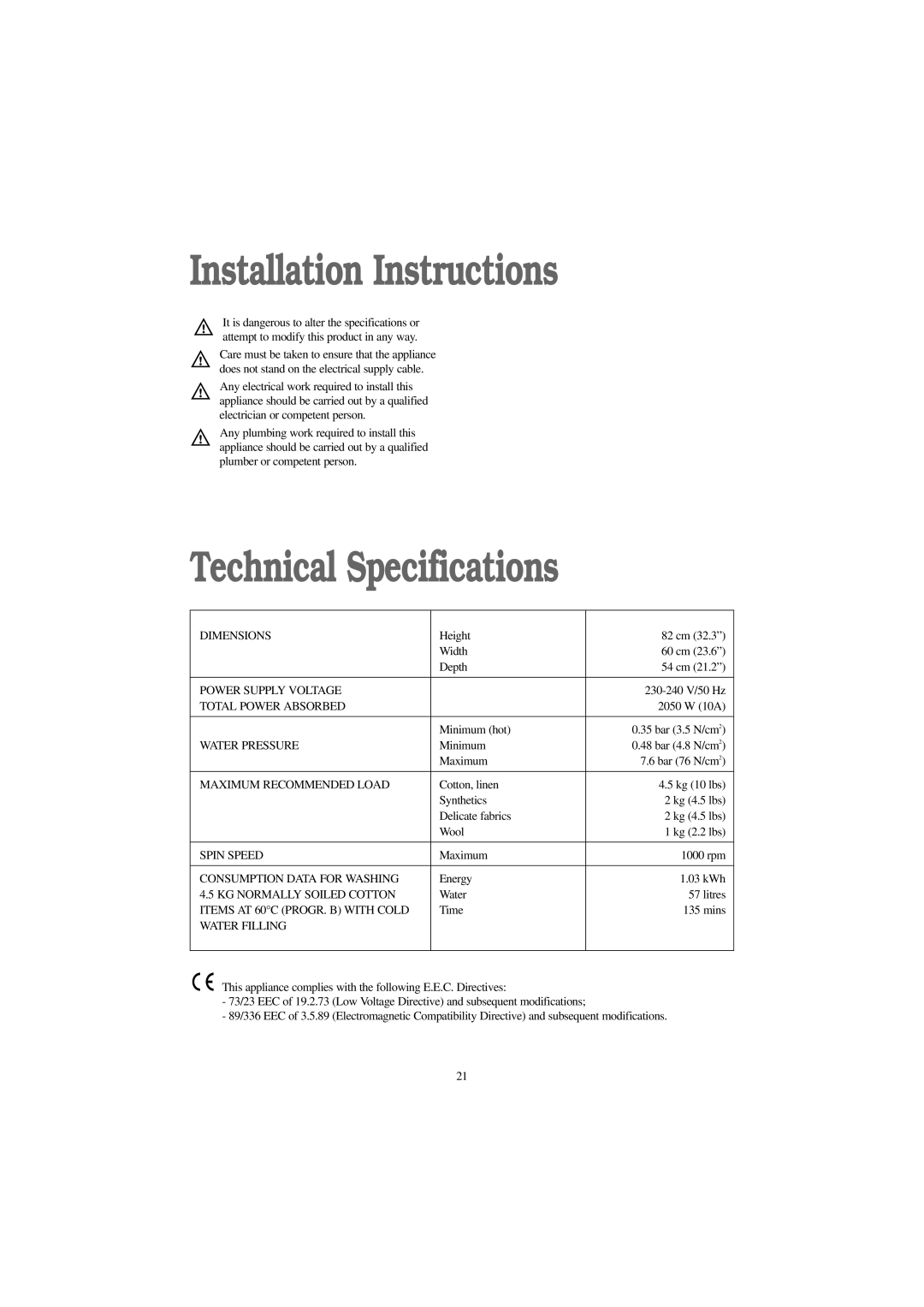 Electrolux EW 1000 I manual Installation Instructions, Technical Specifications 