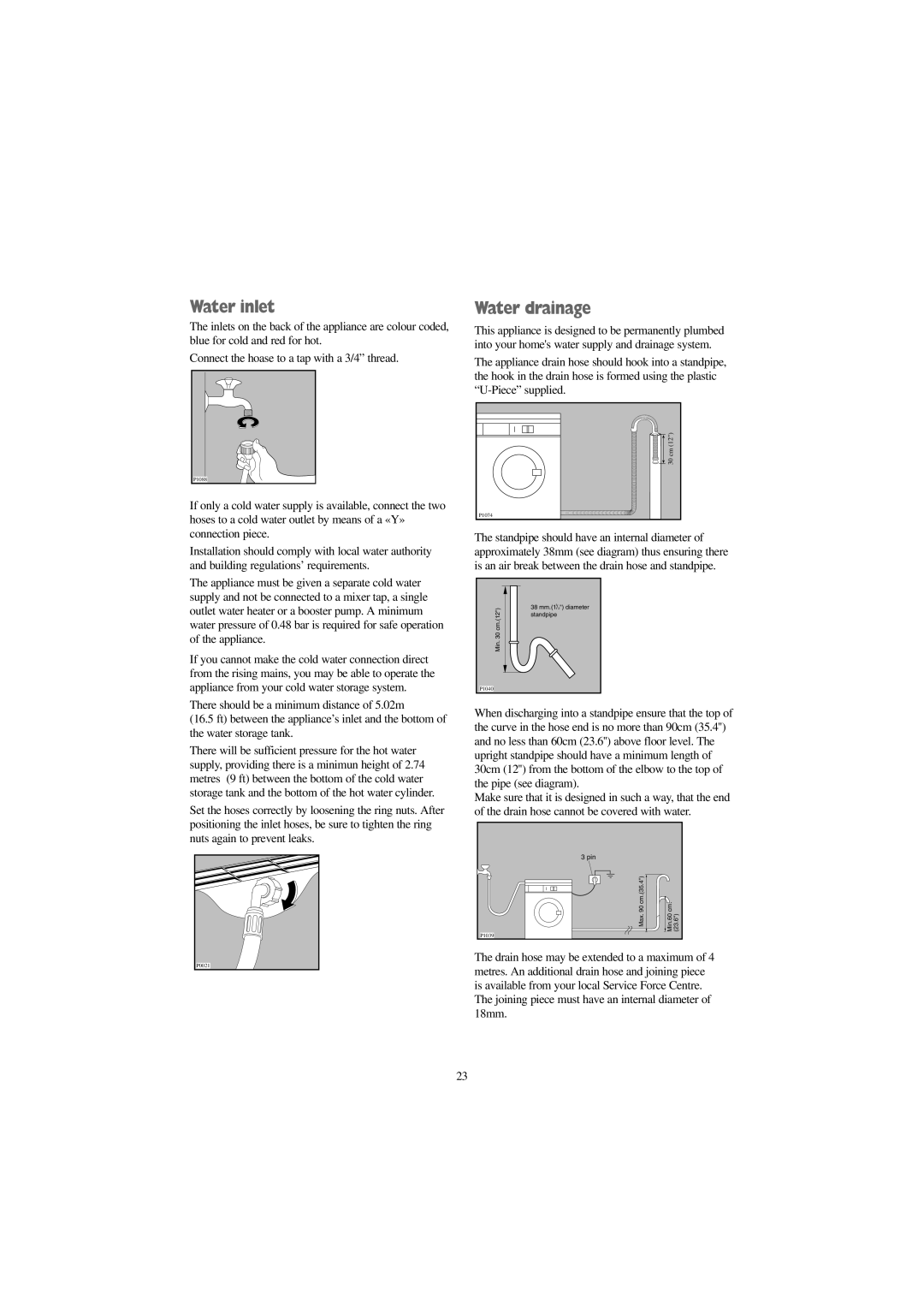 Electrolux EW 1000 I manual Water inlet, Water drainage 