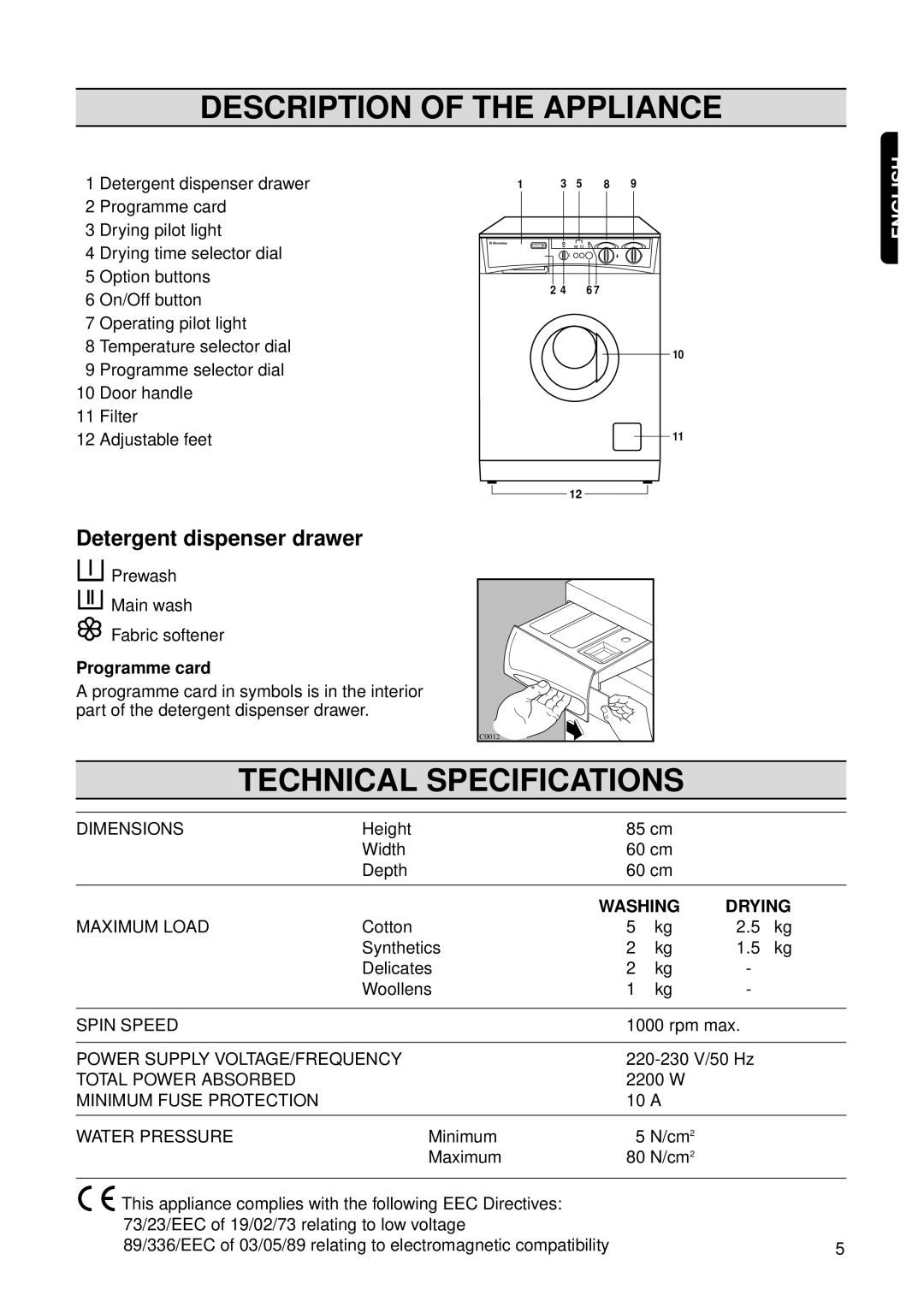 Electrolux EW 1062 W manual Description of the Appliance, Technical Specifications, Detergent dispenser drawer 