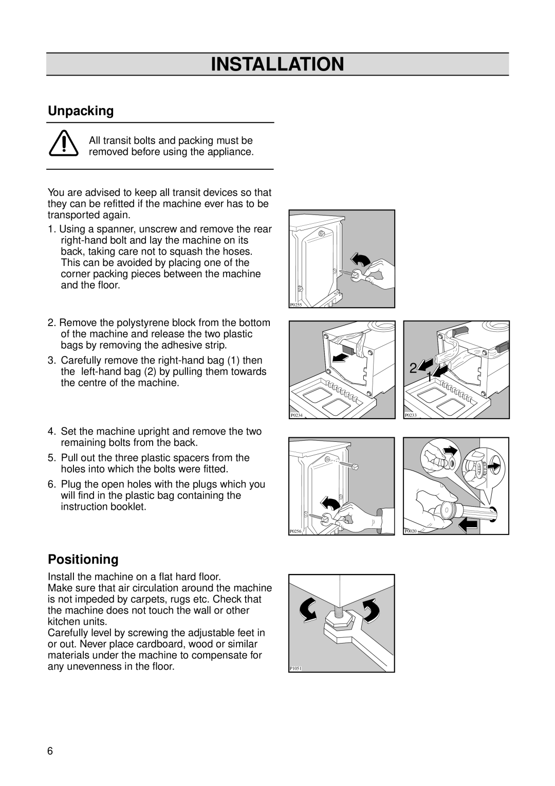 Electrolux EW 1062 W manual Installation, Unpacking, Positioning 