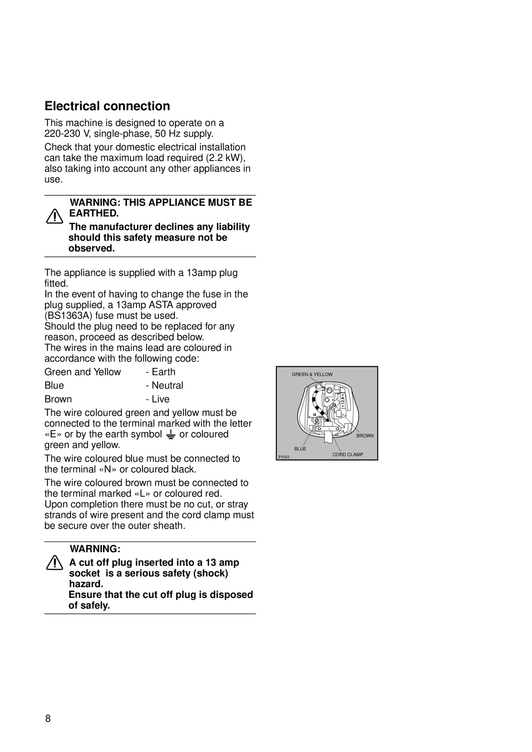 Electrolux EW 1062 W manual Electrical connection 