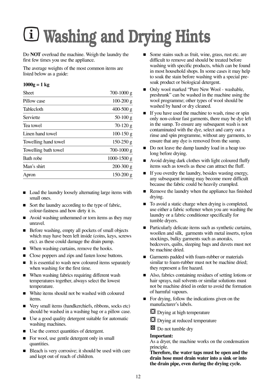 Electrolux EW 1200 i manual Washing and Drying Hints, 1000g = 1 kg 