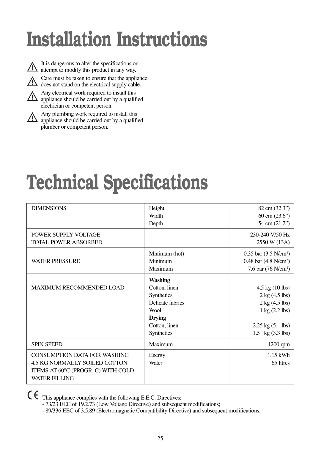 Electrolux EW 1200 i manual Installation Instructions, Technical Specifications, Washing, Drying 