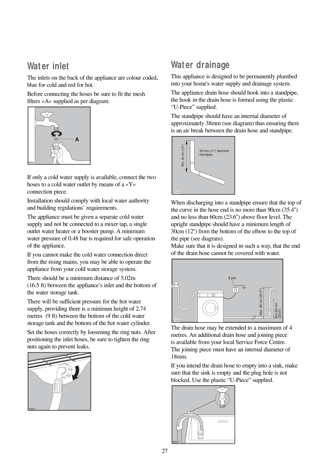 Electrolux EW 1200 i manual Water inlet, Water drainage 