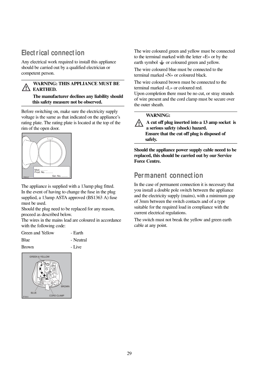 Electrolux EW 1200 i manual Electrical connection, Permanent connection, Blue- Neutral Brown- Live 