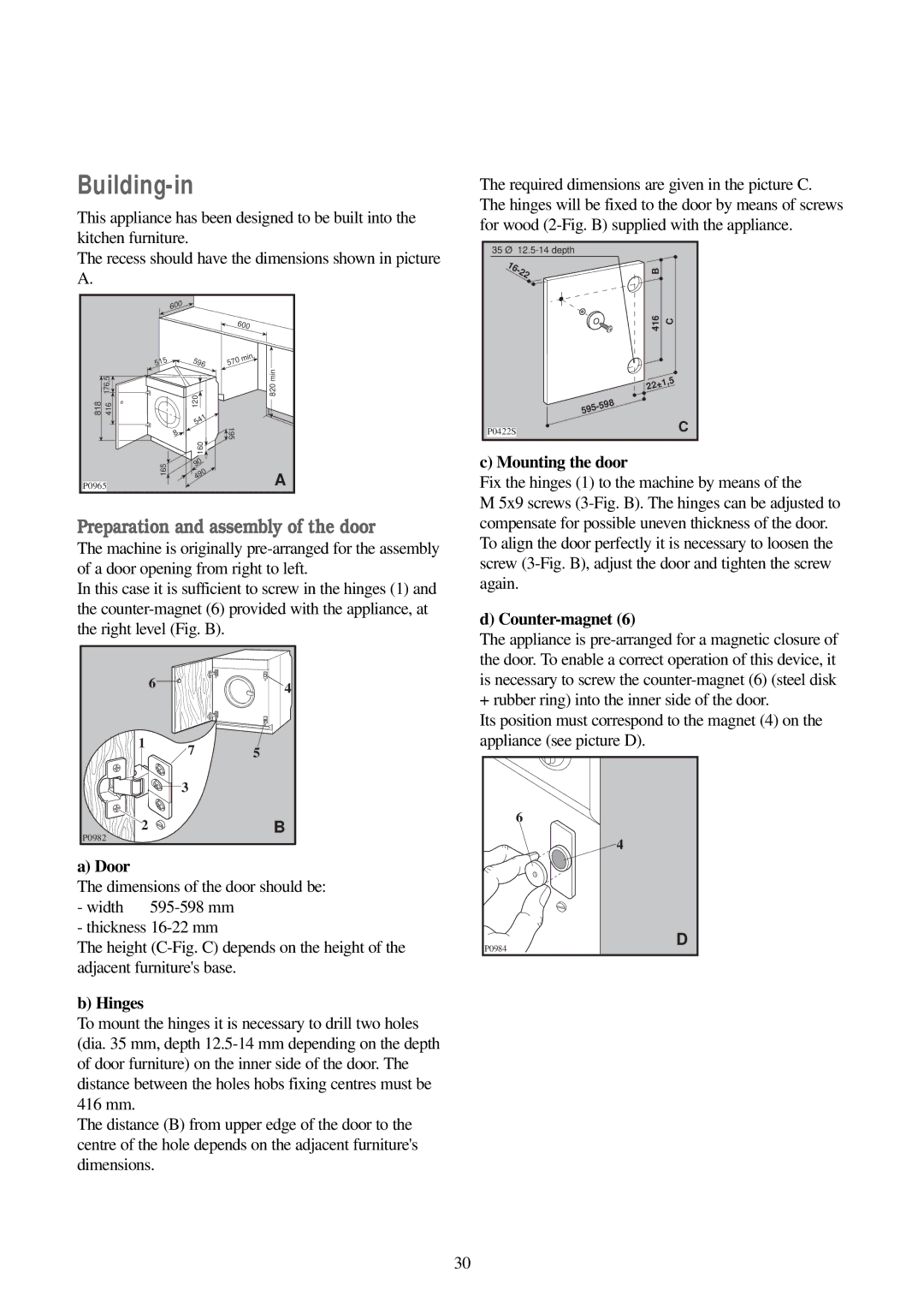 Electrolux EW 1200 i manual Building-in, Preparation and assembly of the door 