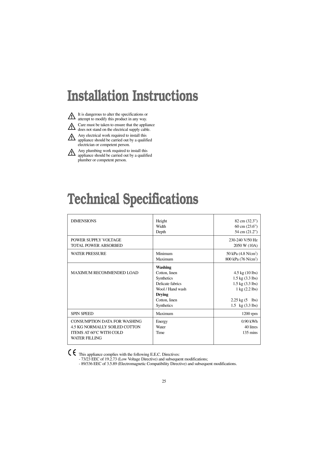 Electrolux EW 1209 I manual Installation Instructions, Technical Specifications, Drying 