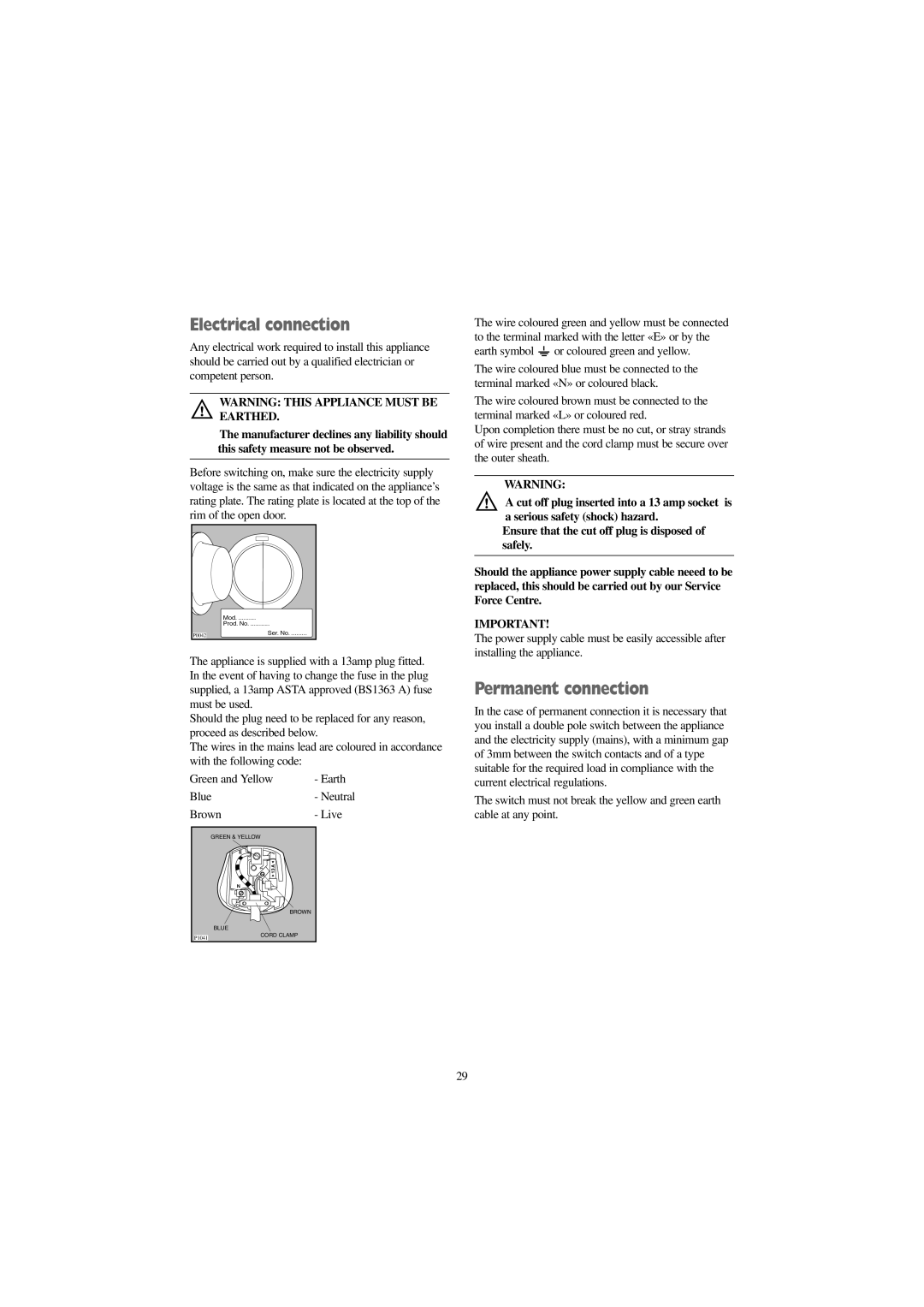 Electrolux EW 1209 I manual Electrical connection, Permanent connection 