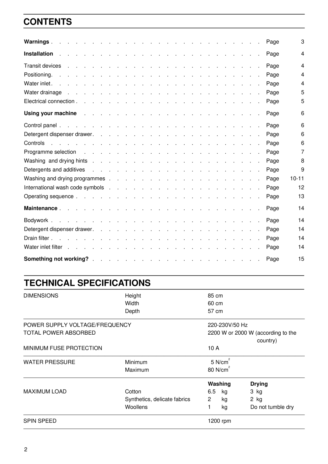 Electrolux EW 1262 W instruction manual Contents, Technical Specifications 