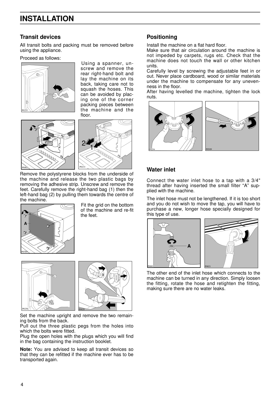 Electrolux EW 1262 W instruction manual Installation, Transit devices, Positioning, Water inlet 