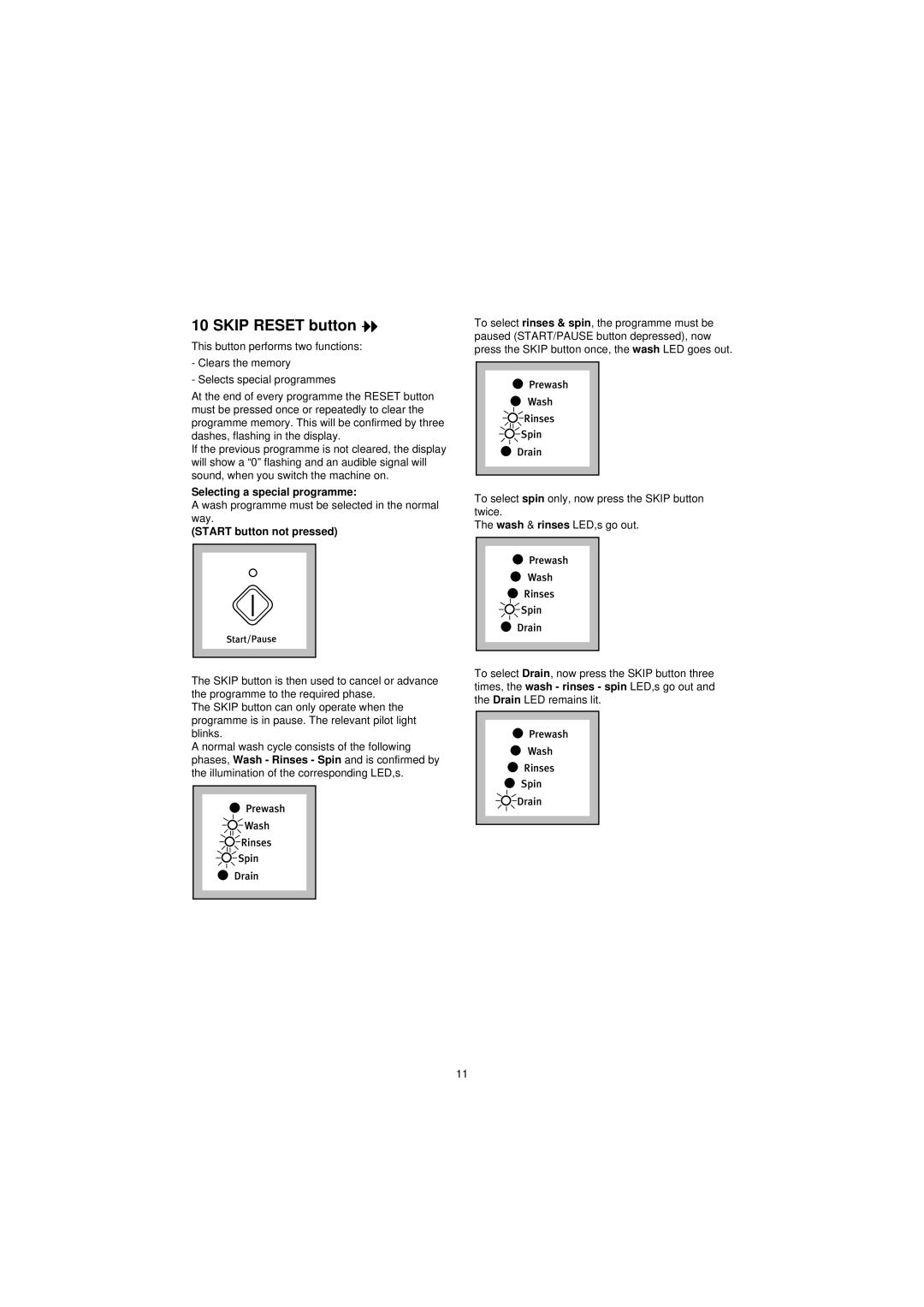 Electrolux EW 1280F manual Skip Reset button, Selecting a special programme, Start button not pressed 