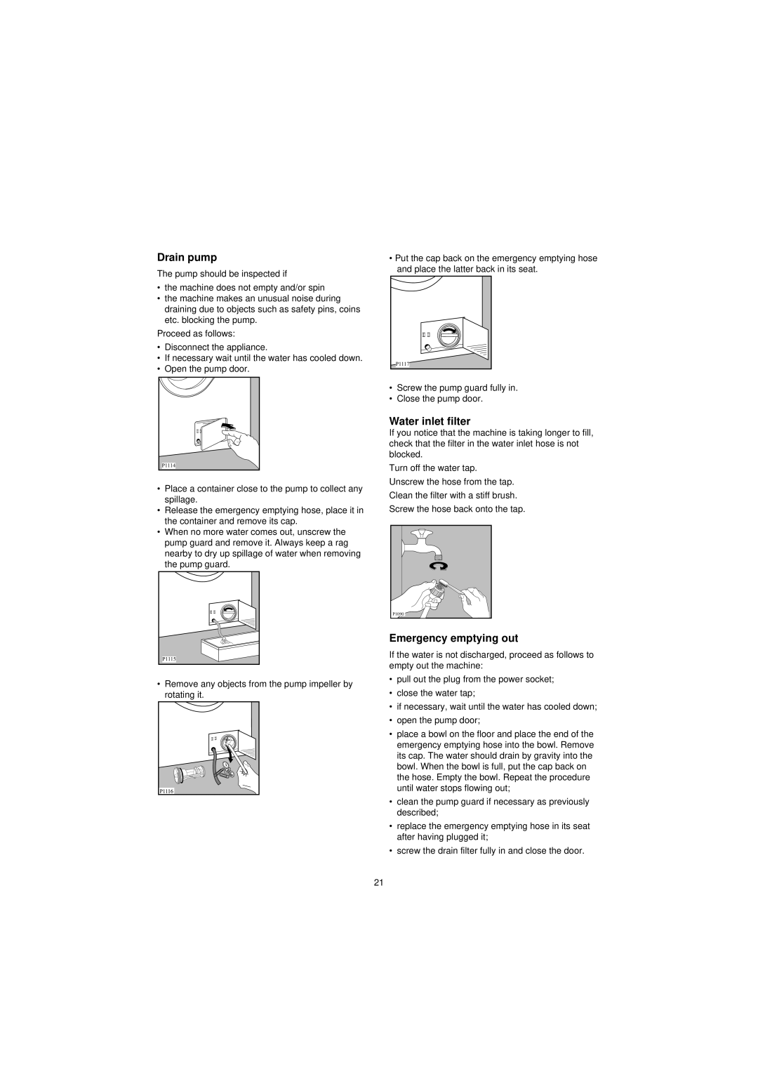 Electrolux EW 1280F manual Drain pump, Water inlet filter, Emergency emptying out 