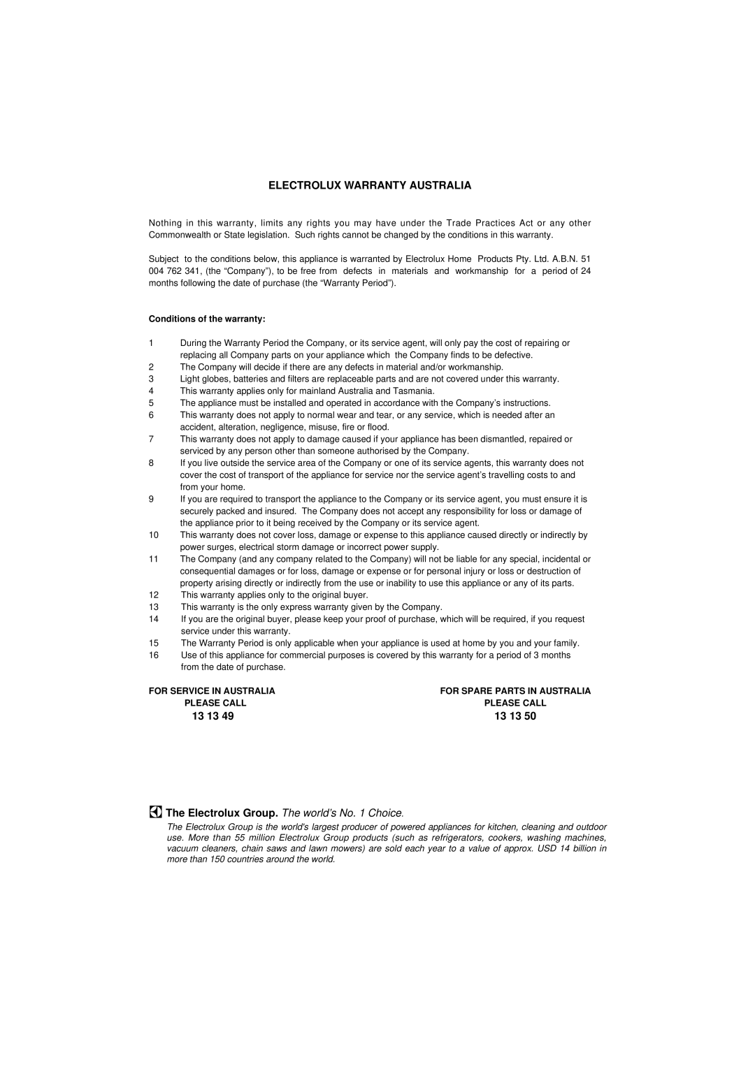 Electrolux EW 1280F manual 13 13, Conditions of the warranty 