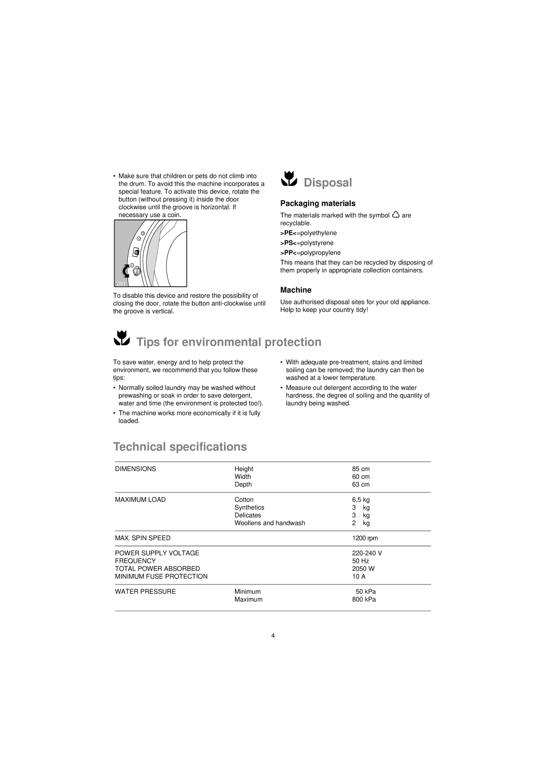 Electrolux EW 1280F Disposal, Tips for environmental protection, Technical specifications, Packaging materials, Machine 