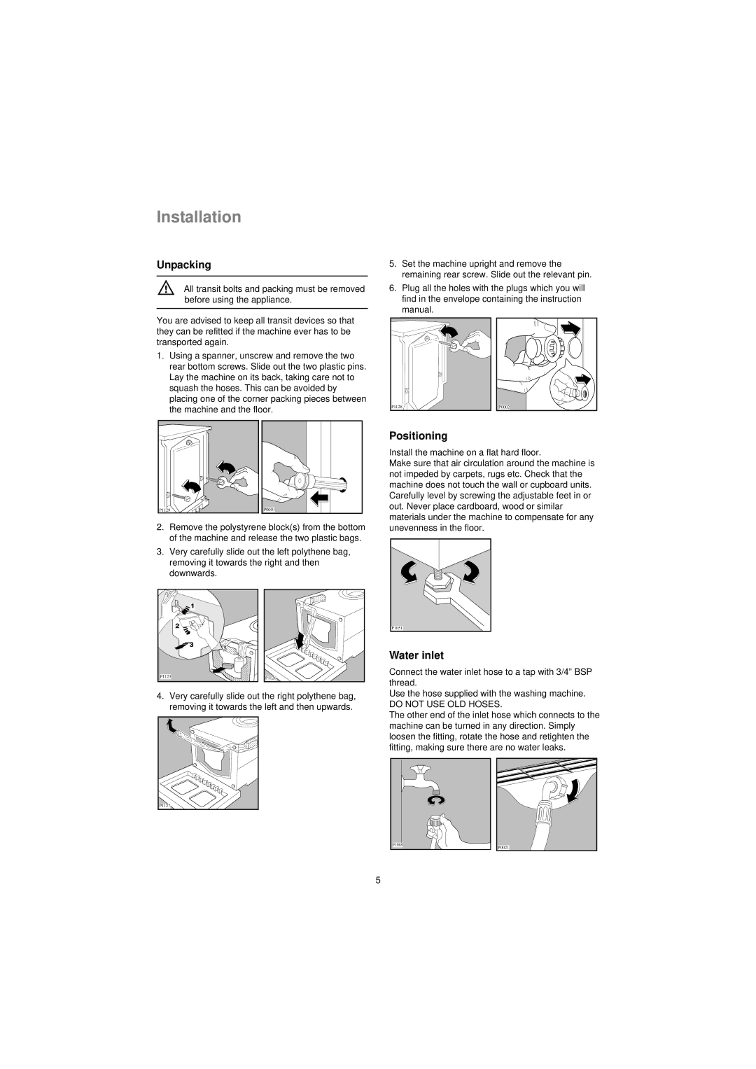 Electrolux EW 1280F manual Installation, Unpacking, Positioning, Water inlet 