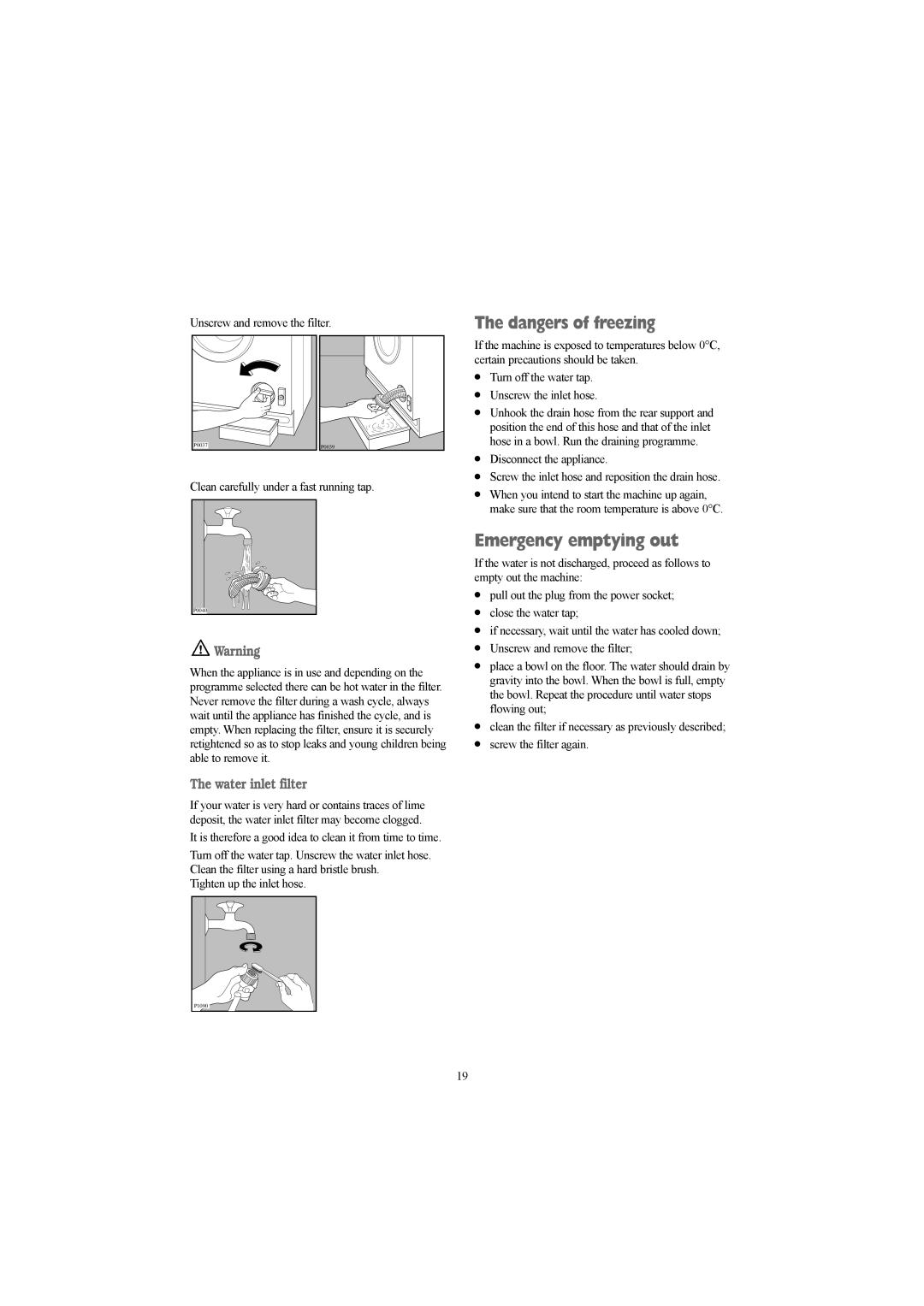 Electrolux EW 1418 1 manual Emergency emptying out, Water inlet filter 