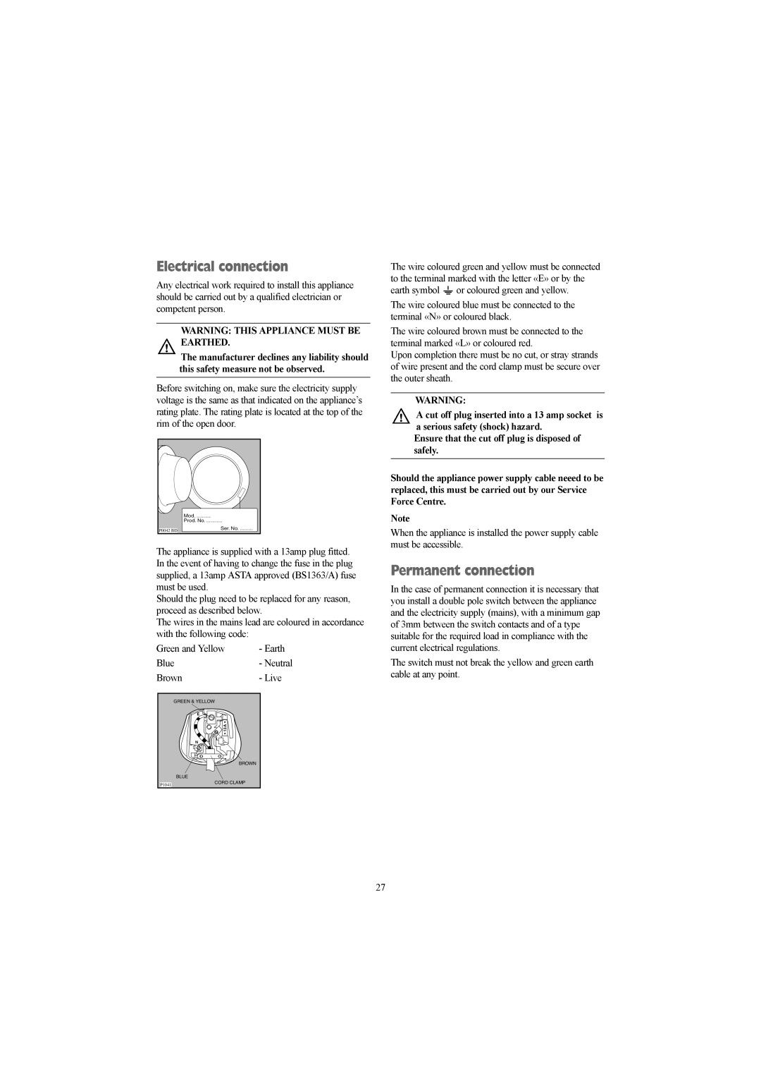 Electrolux EW 1418 1 manual Electrical connection, Permanent connection 