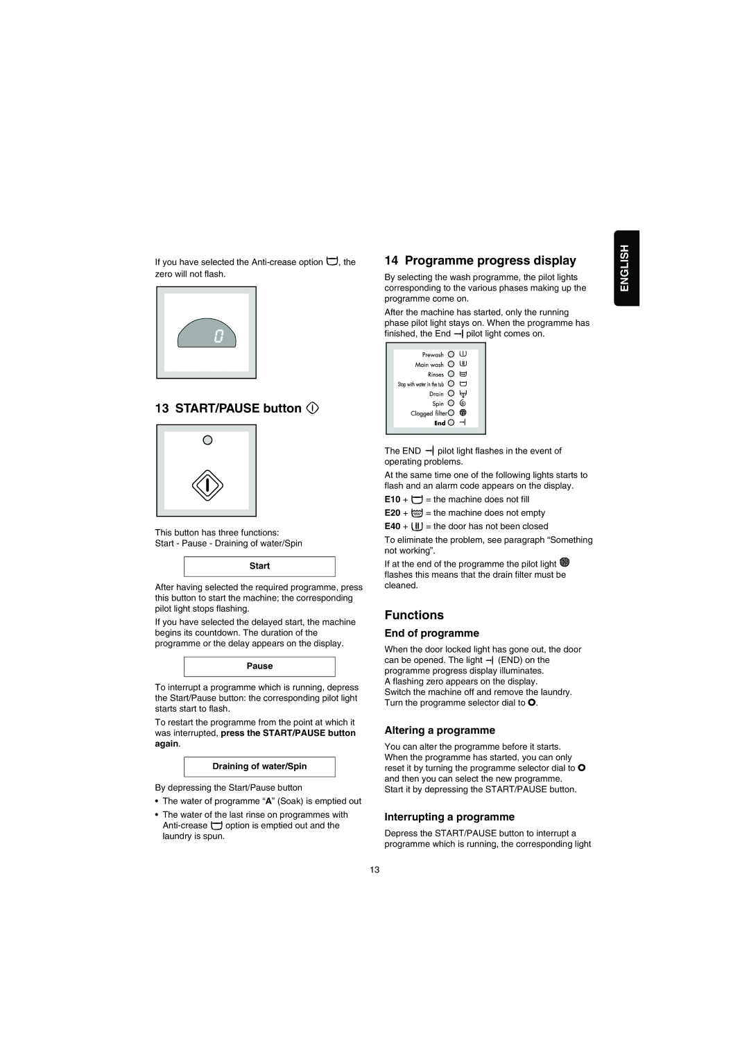 Electrolux EW 1677 F, EW 1477 F, EW 1277 F, EW 1077 F manual Programme progress display, START/PAUSE button, Functions 