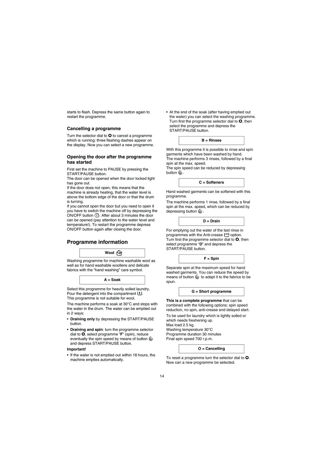 Electrolux EW 1277 F, EW 1477 F, EW 1677 F, EW 1077 F manual Programme information 