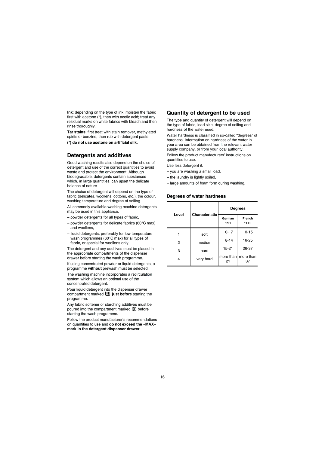 Electrolux EW 1477 F Detergents and additives, Quantity of detergent to be used, Do not use acetone on artificial silk 