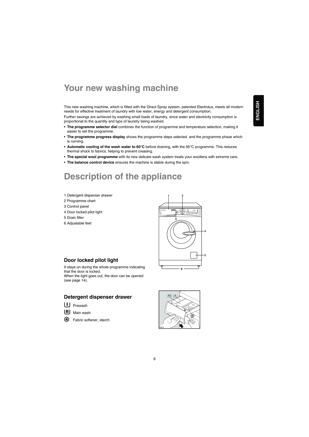 Electrolux EW 1677 F, EW 1477 F, EW 1277 F Your new washing machine, Description of the appliance, Door locked pilot light 