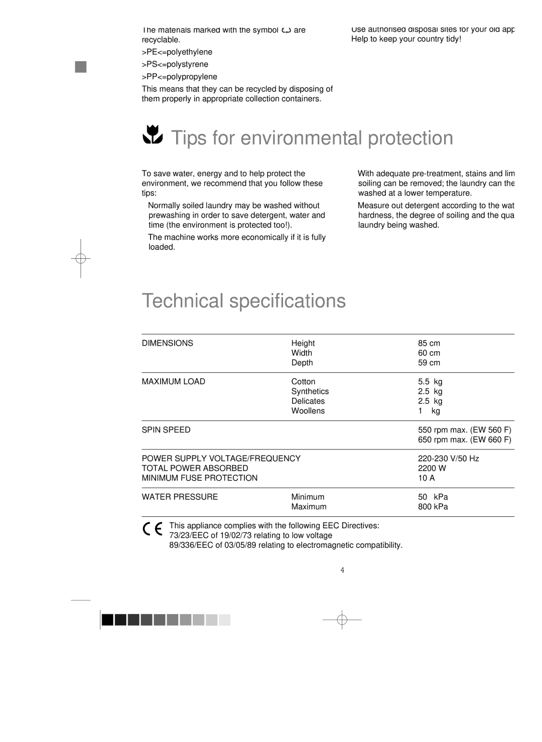 Electrolux EW 560 F Disposal, Tips for environmental protection, Technical specifications, Packaging materials, Machine 