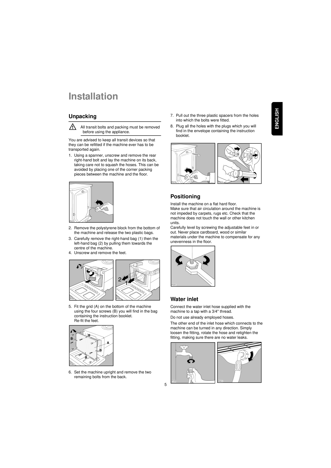 Electrolux EW 560 F manual Installation, Unpacking, Positioning, Water inlet 