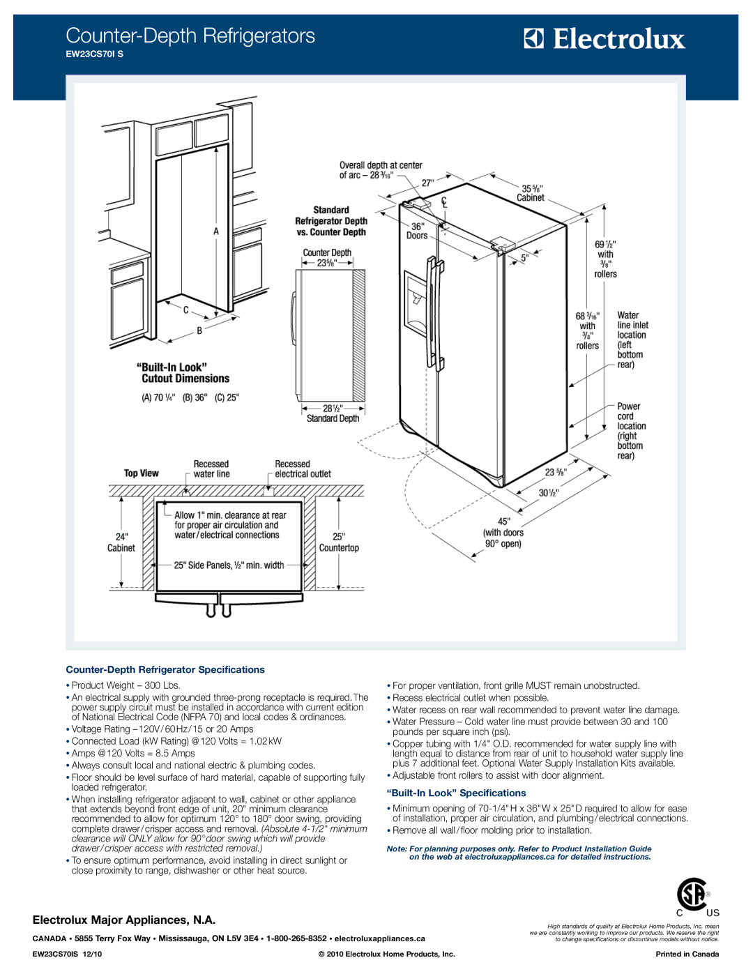 Electrolux EW23CS70IS specifications Counter-Depth Refrigerator Specifications, Built-In Look Specifications 