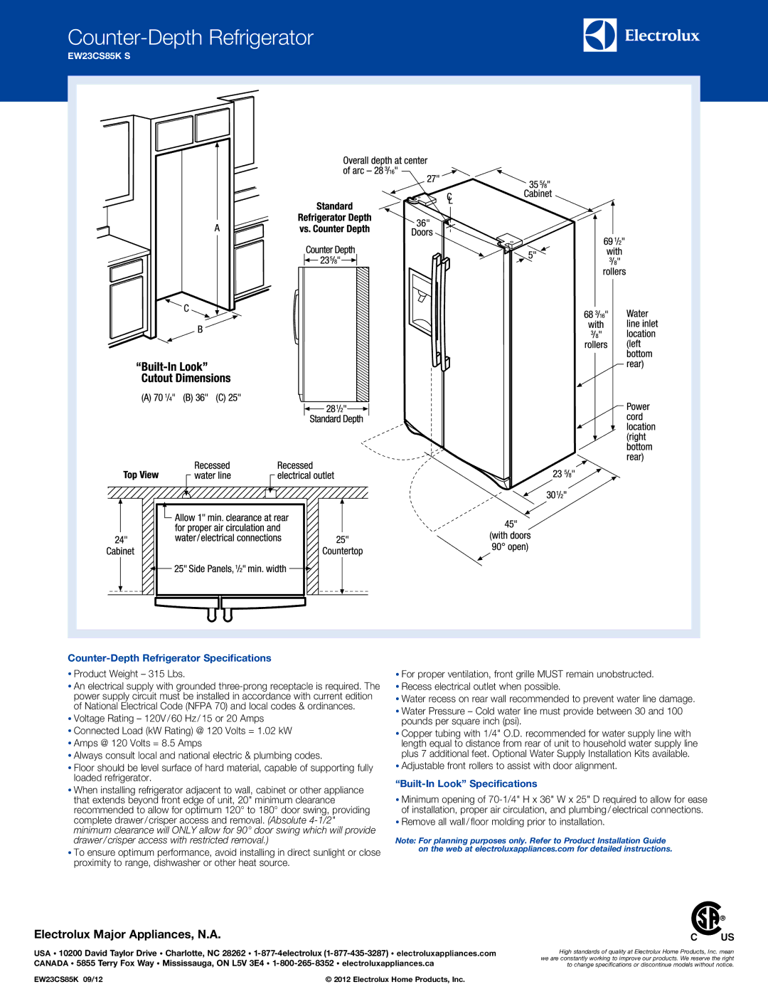 Electrolux EW23CS85K S specifications Counter-Depth Refrigerator Specifications, Built-In Look Specifications 