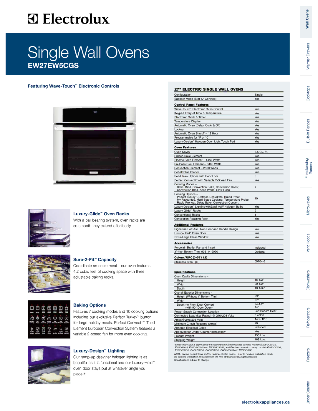 Electrolux EW27EW5CGS specifications Sure-2-FitCapacity, Baking Options, Luxury-DesignLighting, Electroluxappliances.ca 