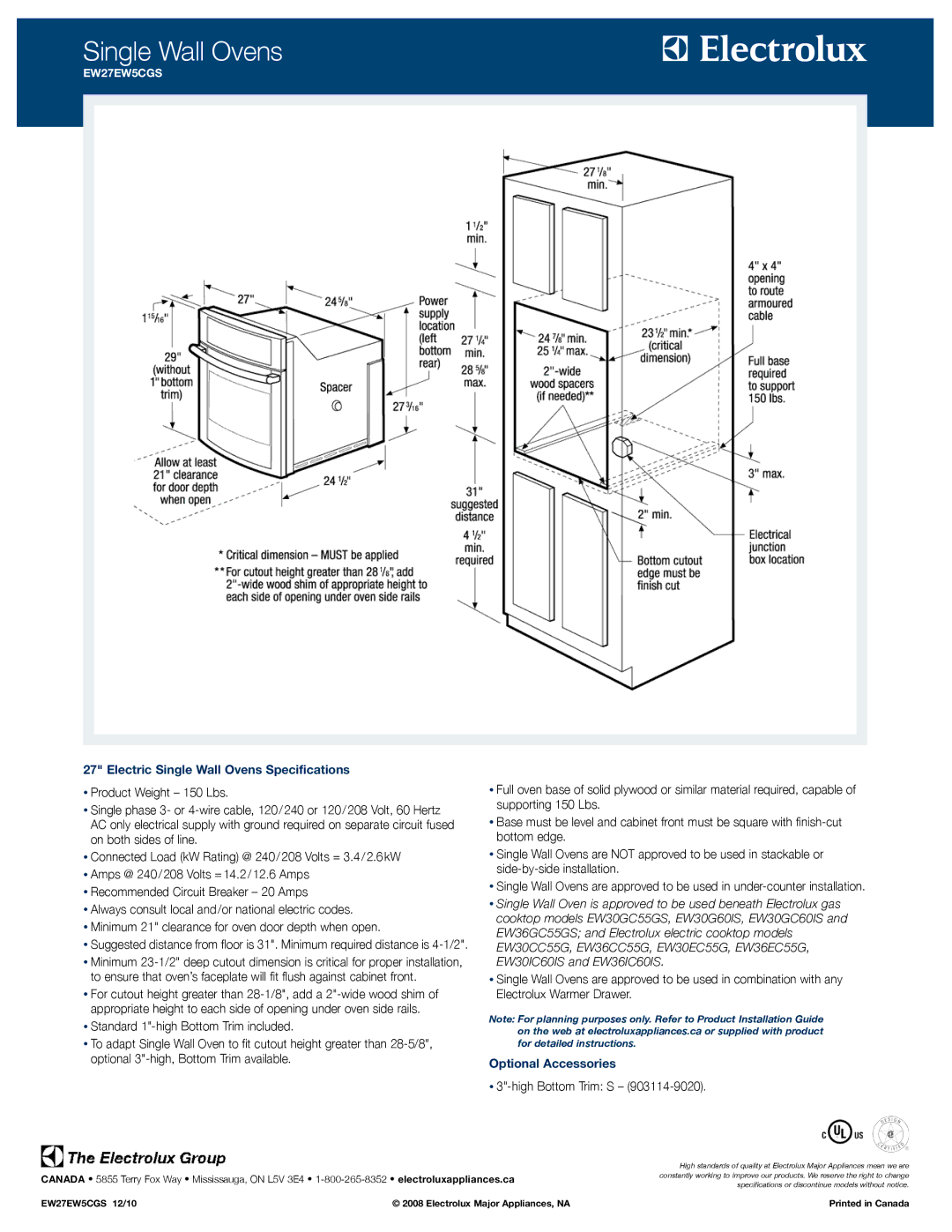 Electrolux EW27EW5CGS specifications Electric Single Wall Ovens Specifications, Optional Accessories 