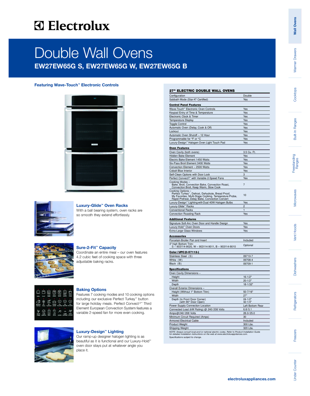 Electrolux EW27EW65GW specifications Sure-2-FitCapacity, Baking Options, Luxury-DesignLighting, Electroluxappliances.com 