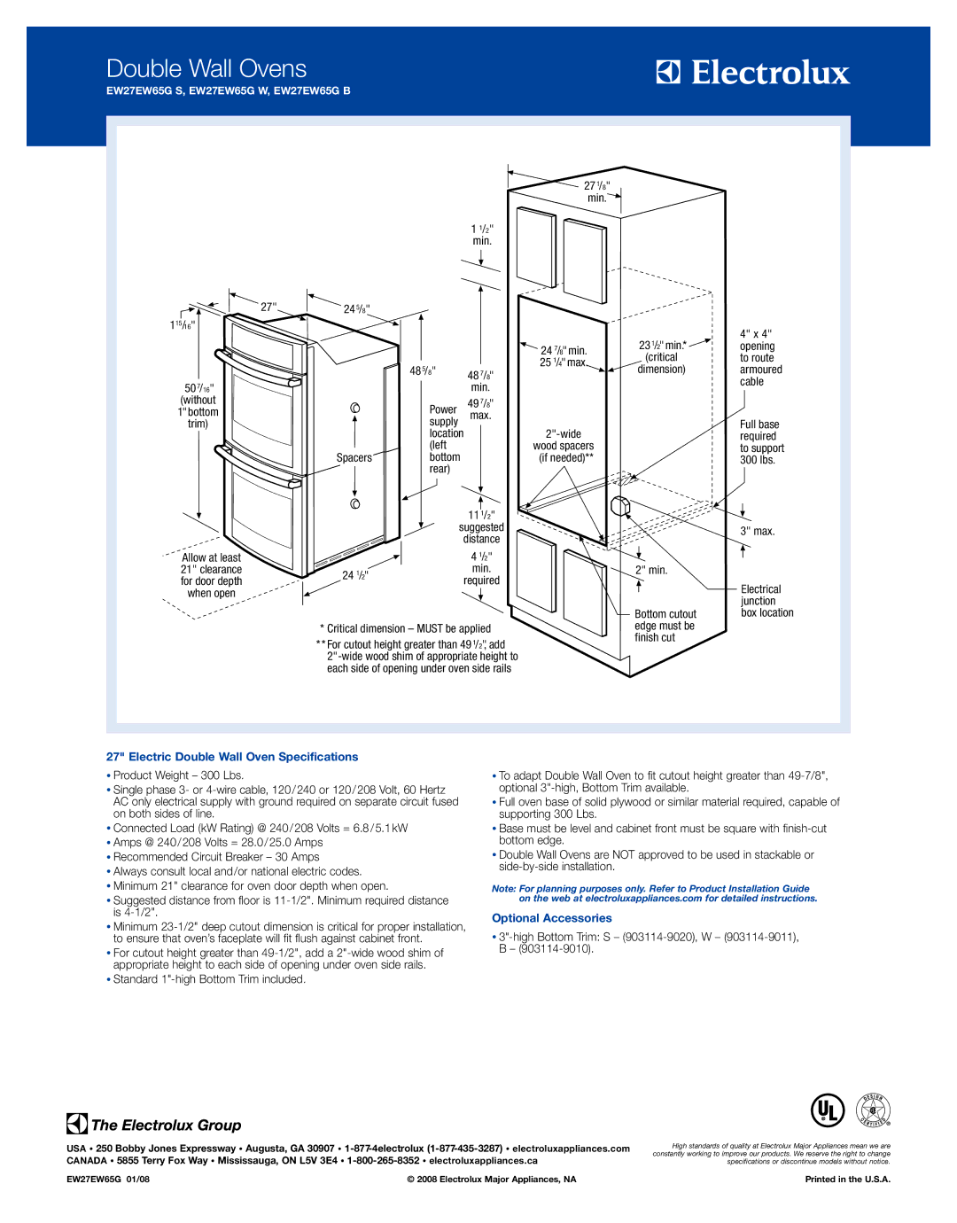 Electrolux EW27EW65GS, EW27EW65GB, EW27EW65GW specifications Electric Double Wall Oven Specifications, Optional Accessories 