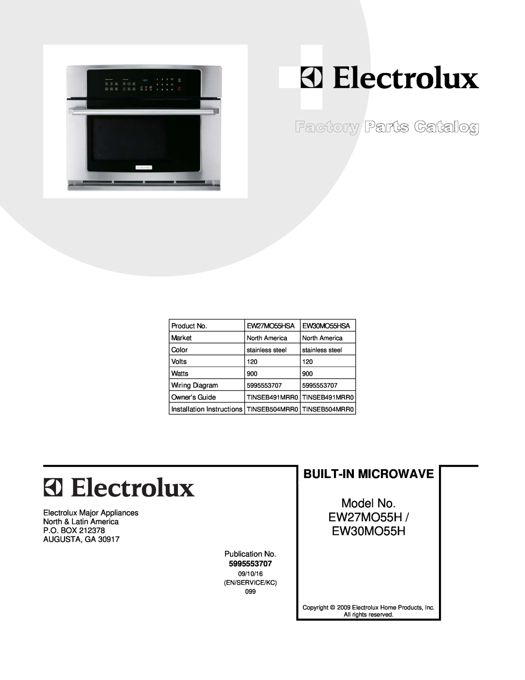 Electrolux EW30MO55HSA installation instructions Built-In Microwave, Model No, EW27MO55HSA Wiring.eps, P.O. Box 