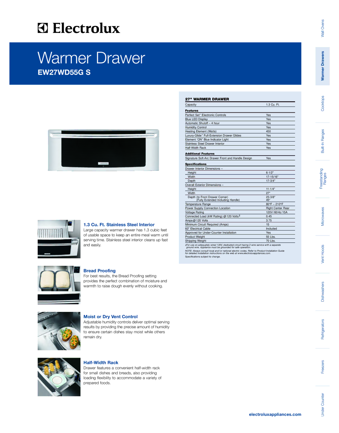 Electrolux EW27WD55GS specifications Cu. Ft. Stainless Steel Interior, Bread Proofing, Moist or Dry Vent Control 