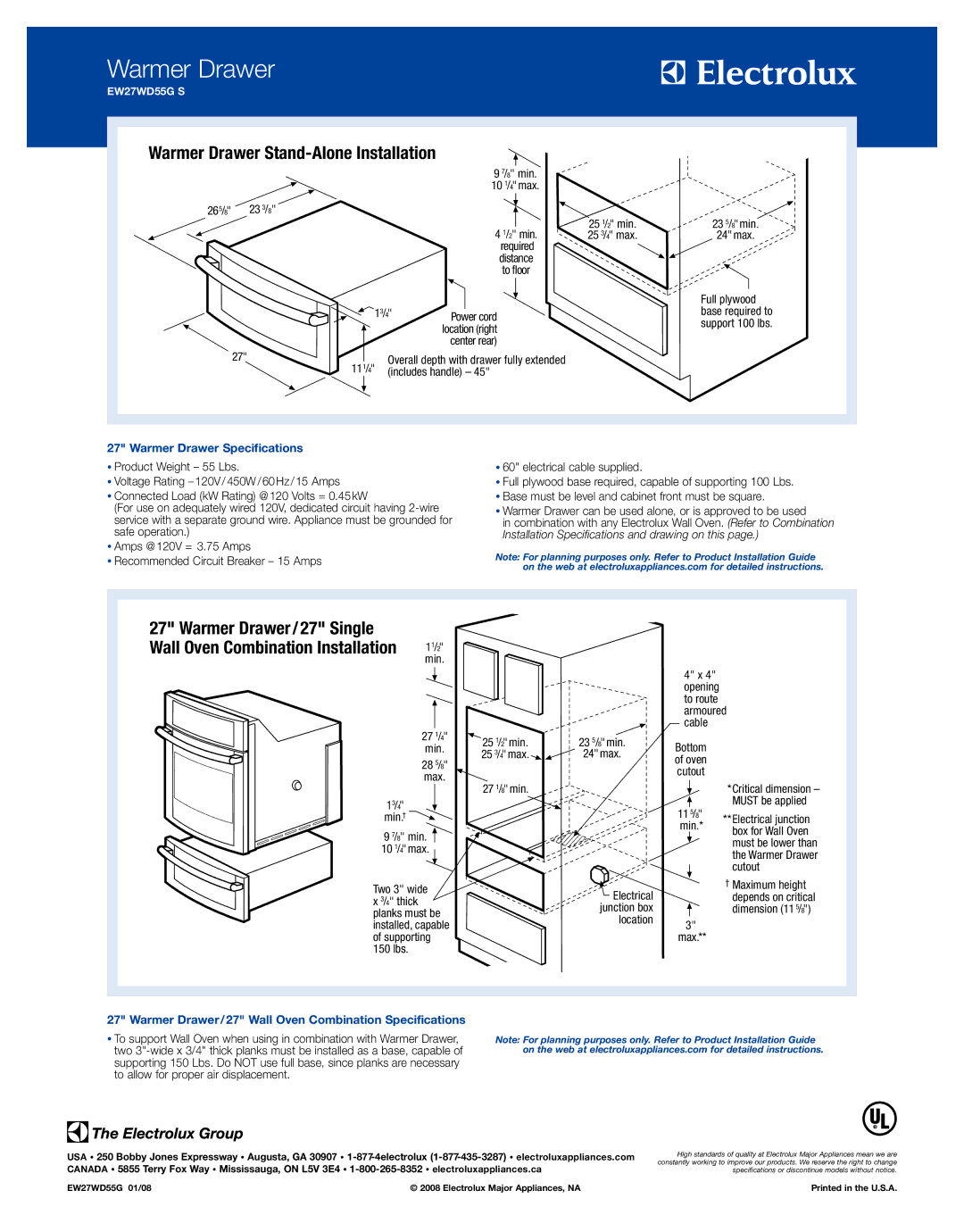 Electrolux EW27WD55GS specifications Warmer Drawer Specifications, Warmer Drawer/27 Wall Oven Combination Specifications 