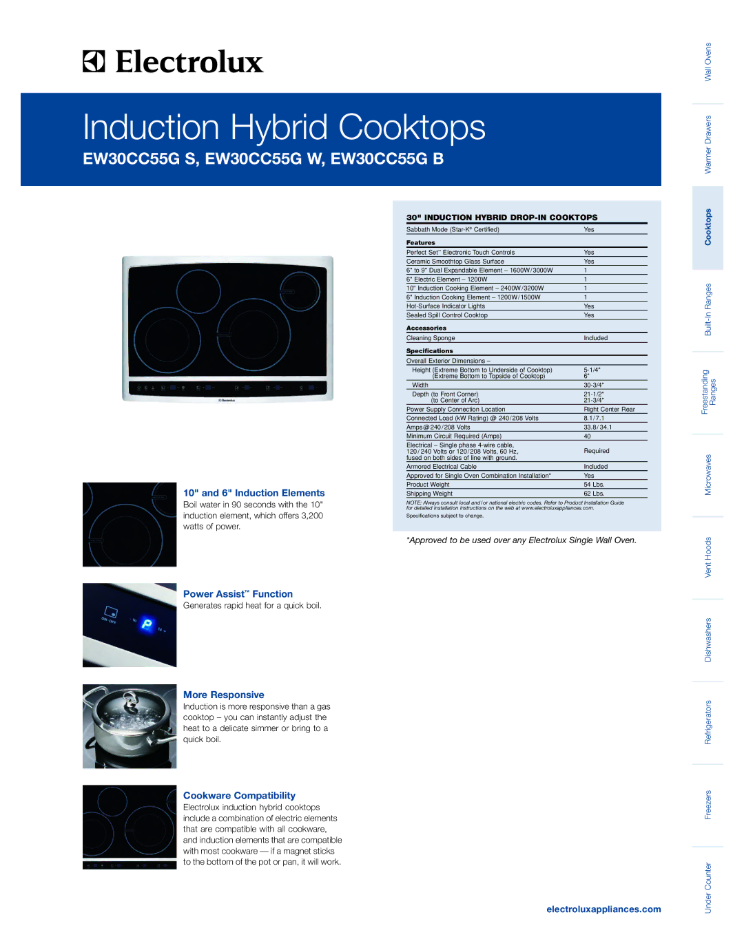 Electrolux EW30CC55GS specifications Induction Elements, Power Assist Function, More Responsive, Cookware Compatibility 