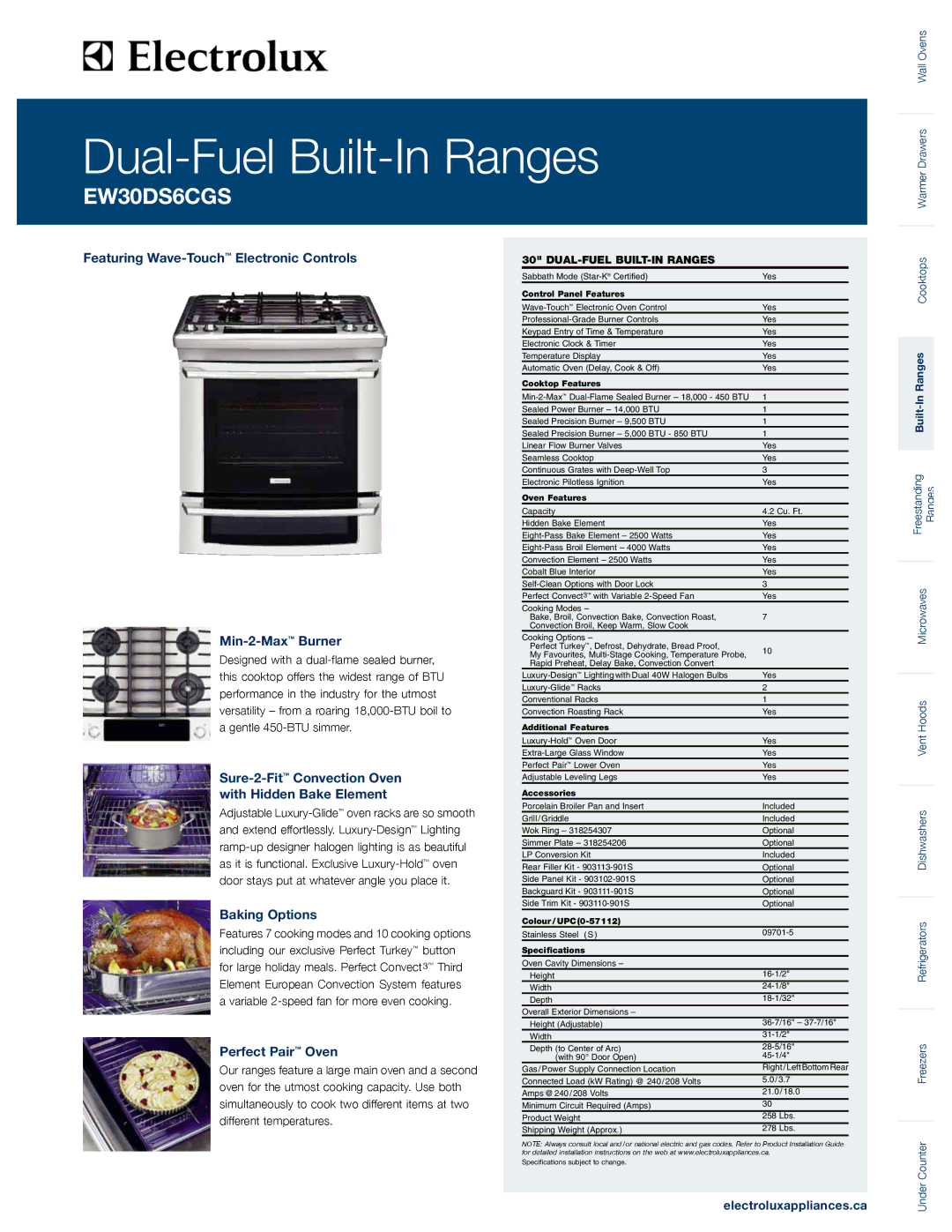 Electrolux EW30DS6CGS specifications Featuring Wave-TouchElectronic Controls Min-2-MaxBurner, Baking Options 