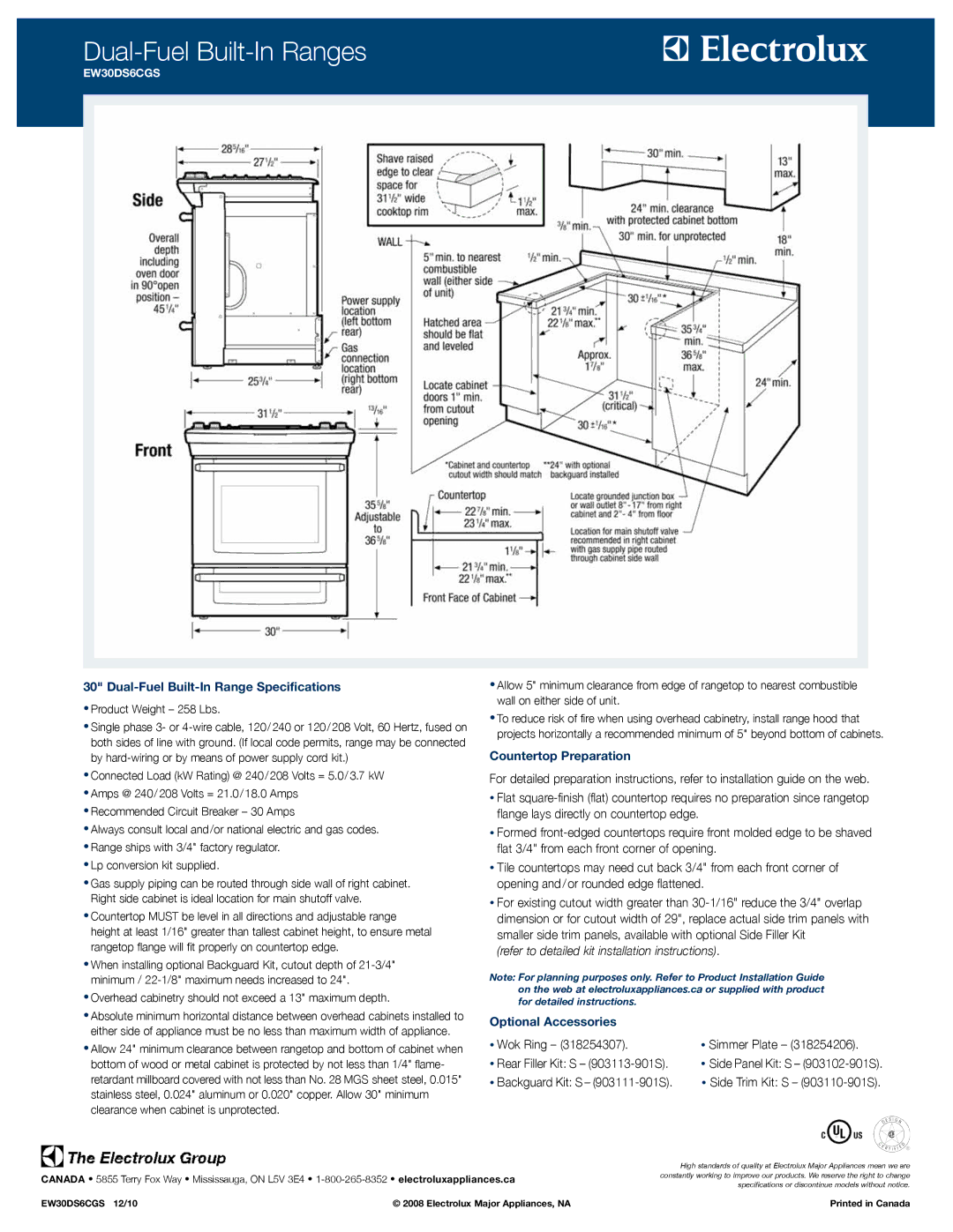 Electrolux EW30DS6CGS specifications Dual-Fuel Built-In Range Specifications, Countertop Preparation, Optional Accessories 